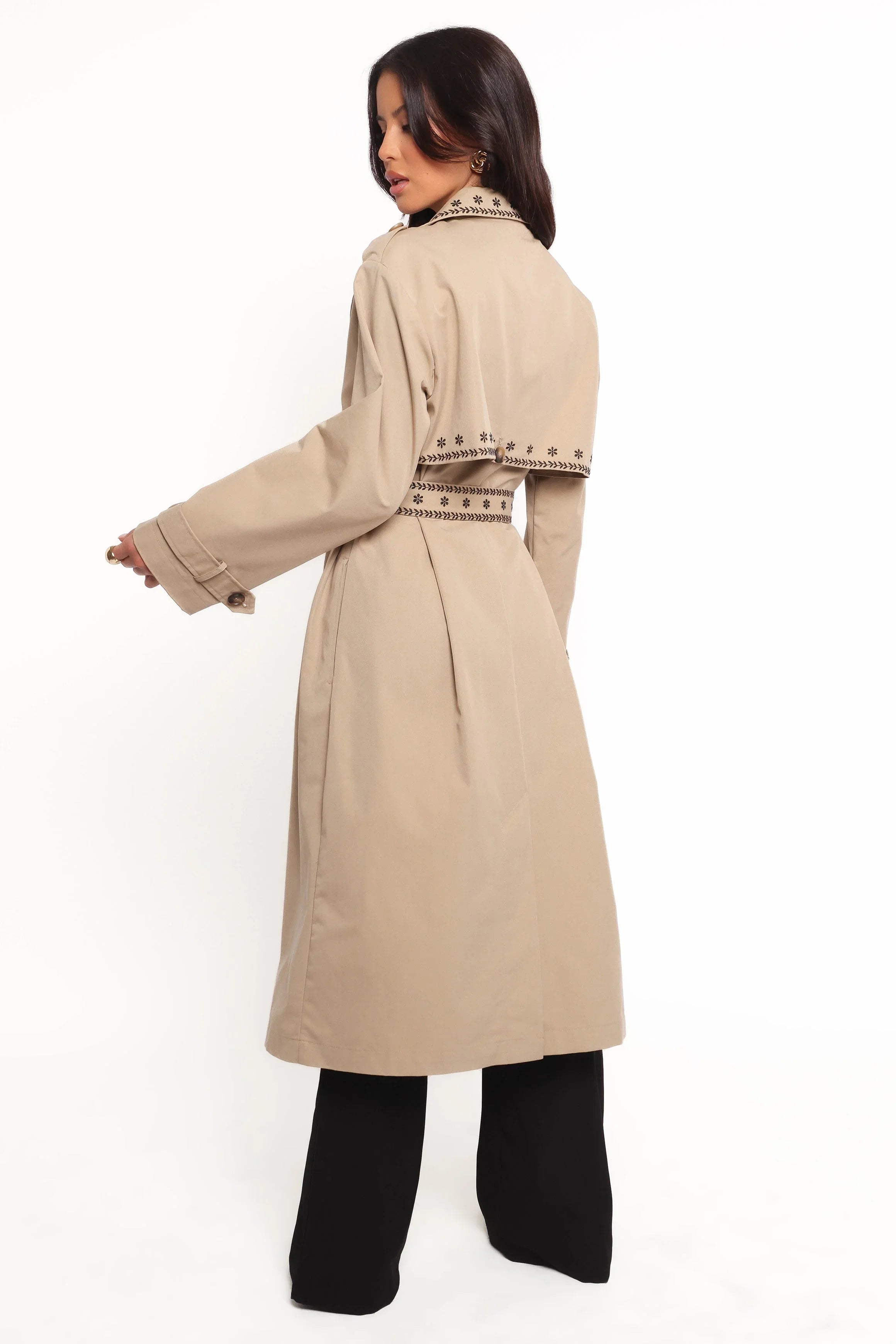 Grayson Embroidered Trim Trench Coat Taupe