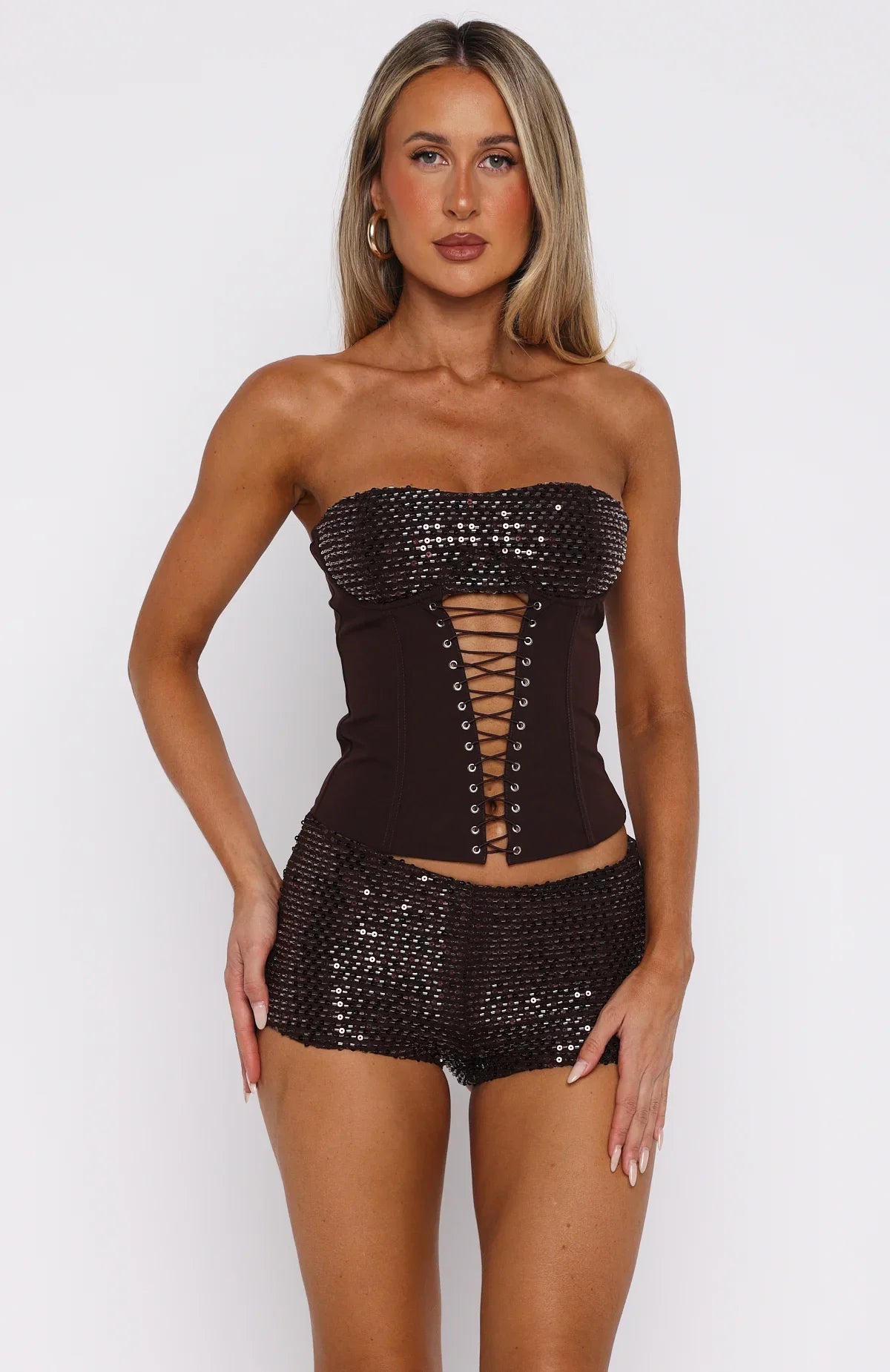 The Glitterati Beaded Mini Shorts Chocolate