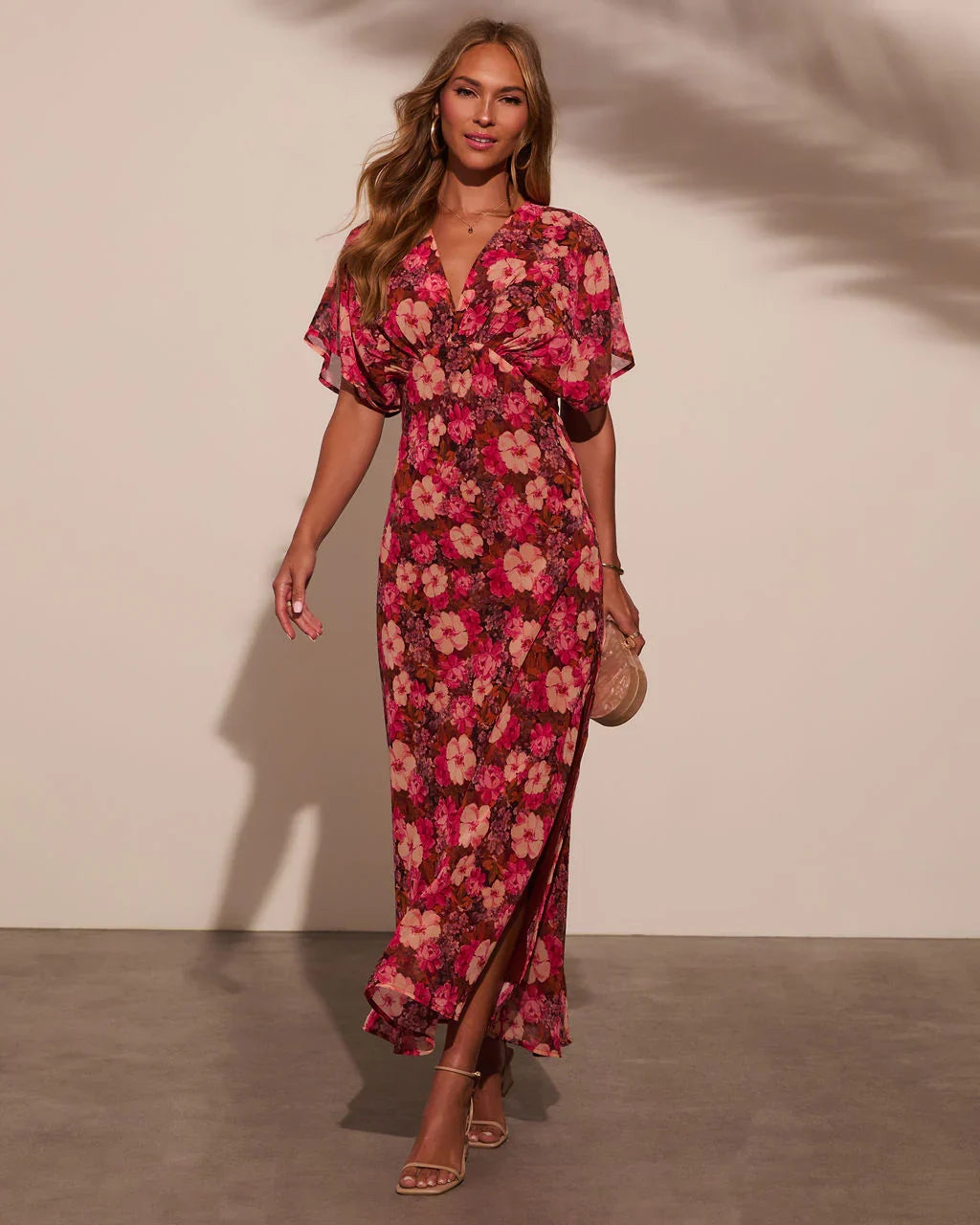 Theia Satin V Neck Maxi Dress