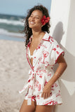 Kensie Tie Waist Romper Red