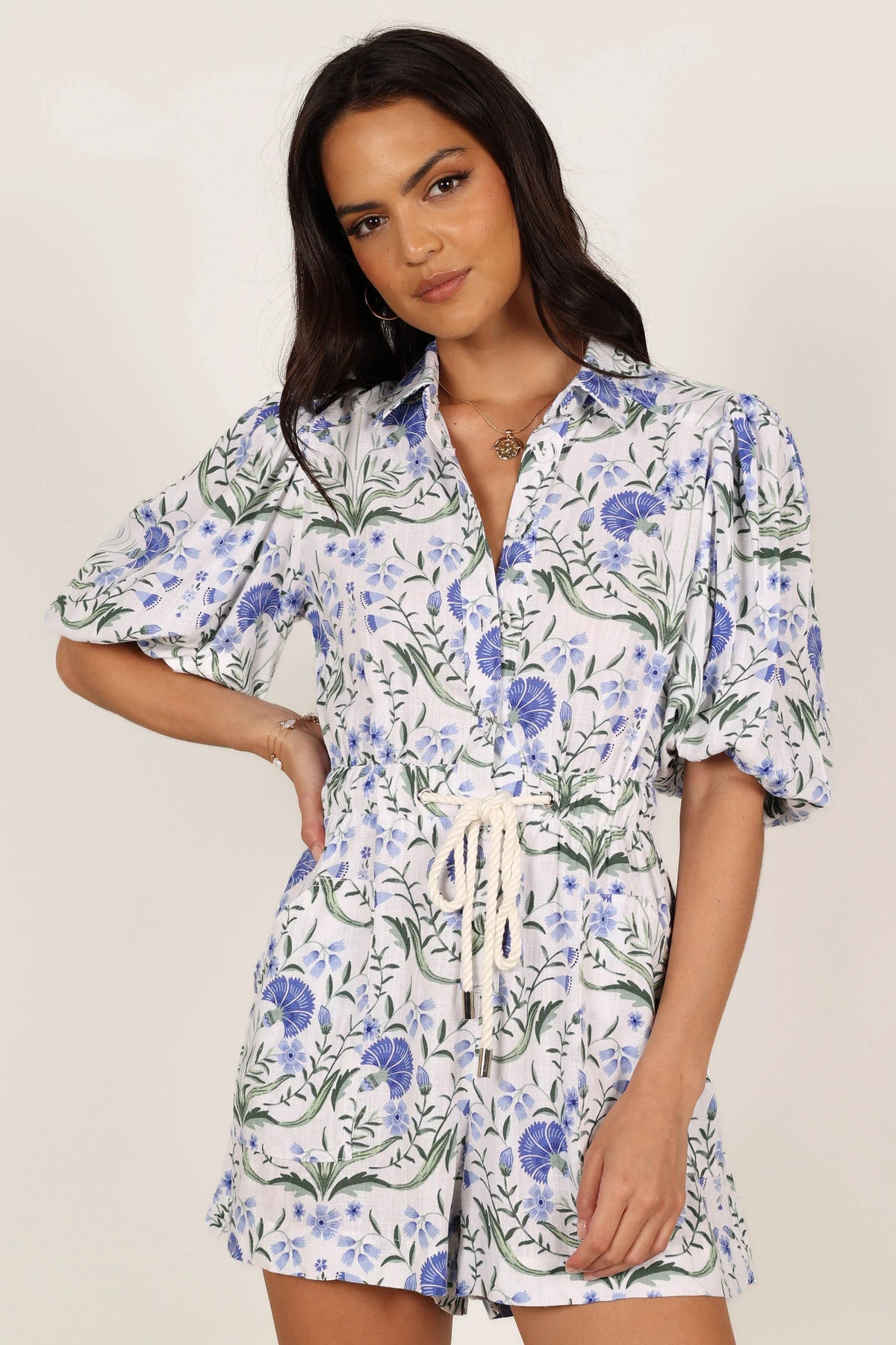 Annie Linen Romper Blue Floral