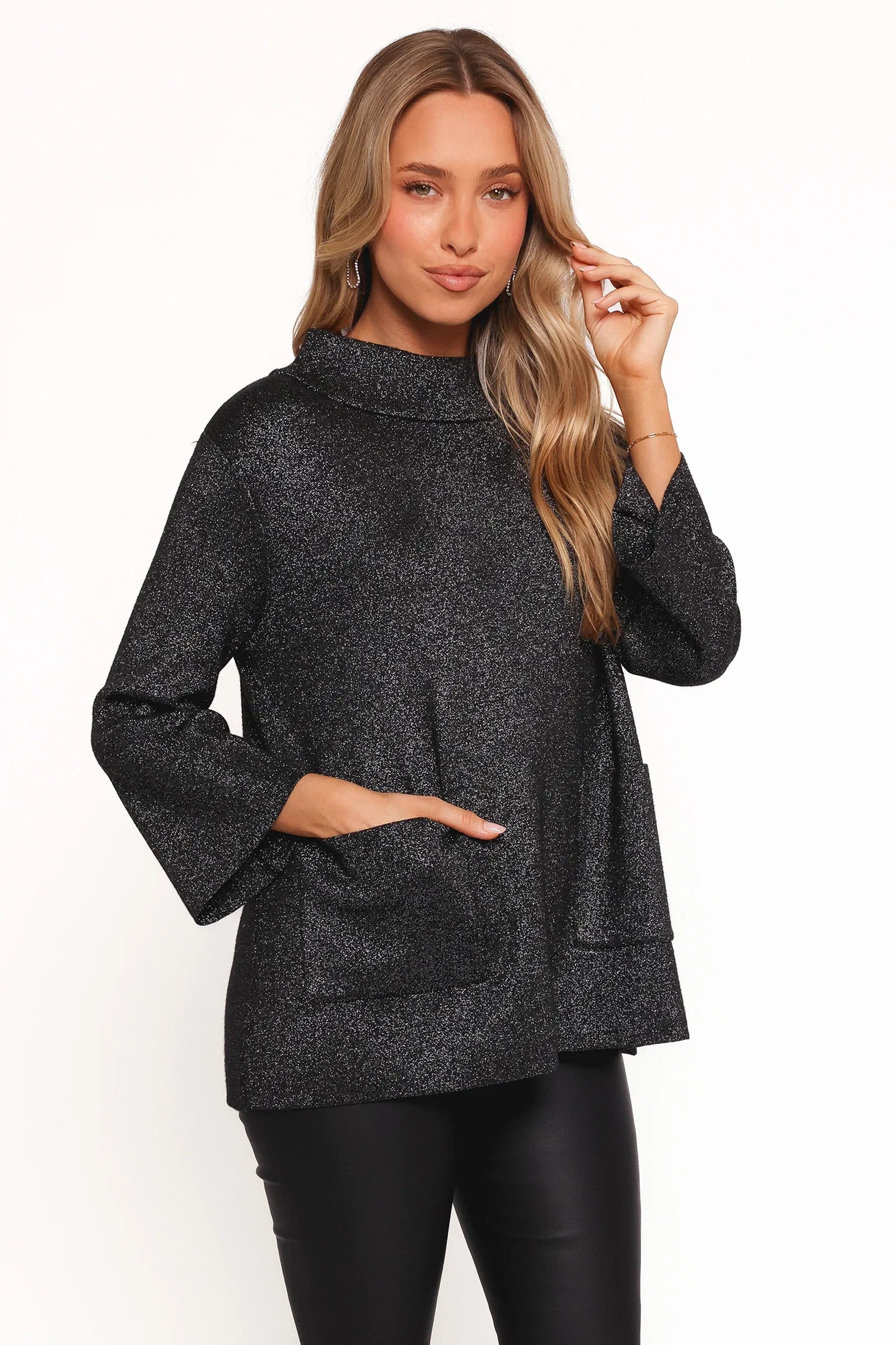 Tassie Cowlneck Lurex Shimmer Knit Sweater Black