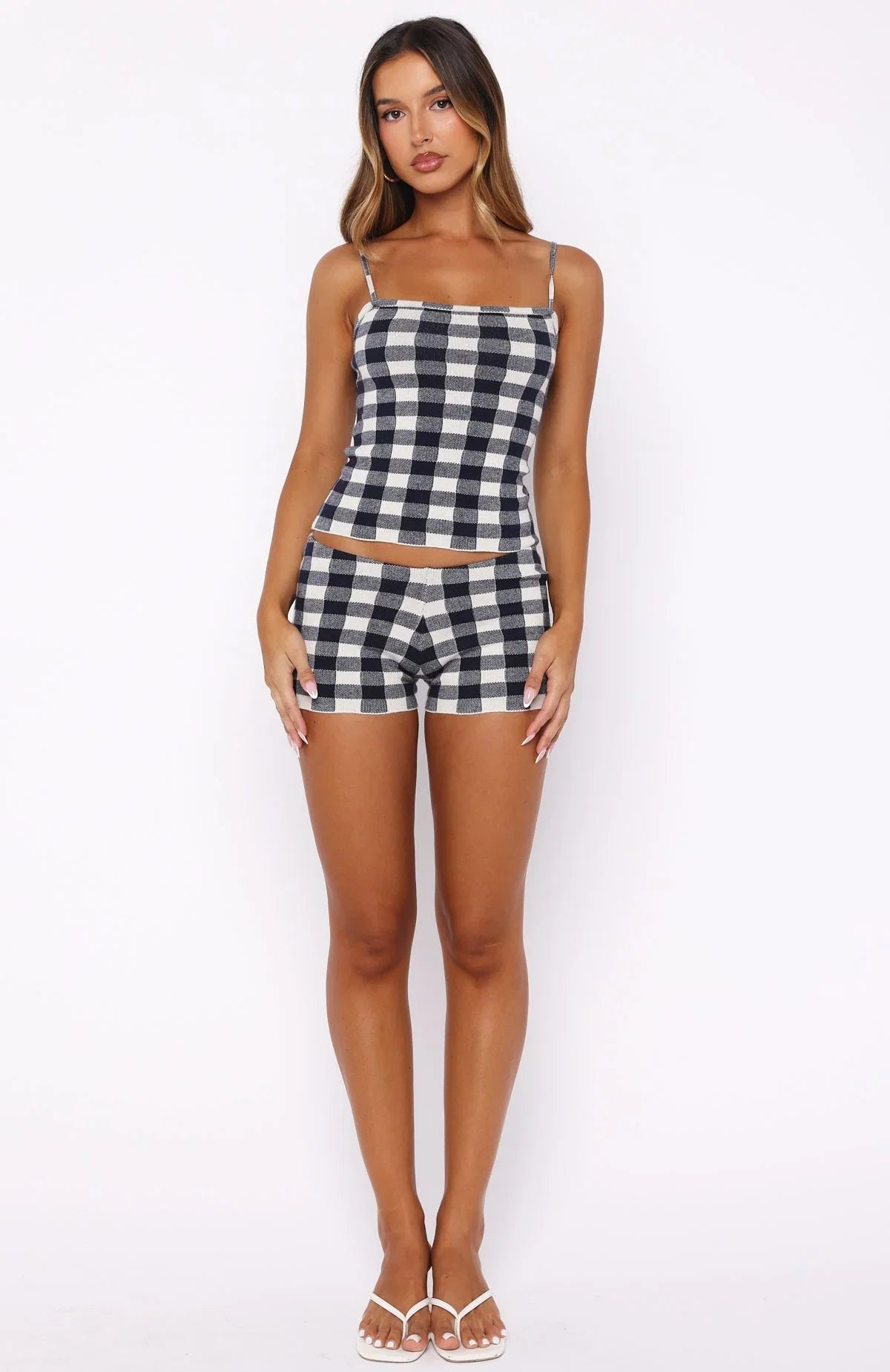 Iconic Duo Knit Mini Shorts Navy Cream Gingham