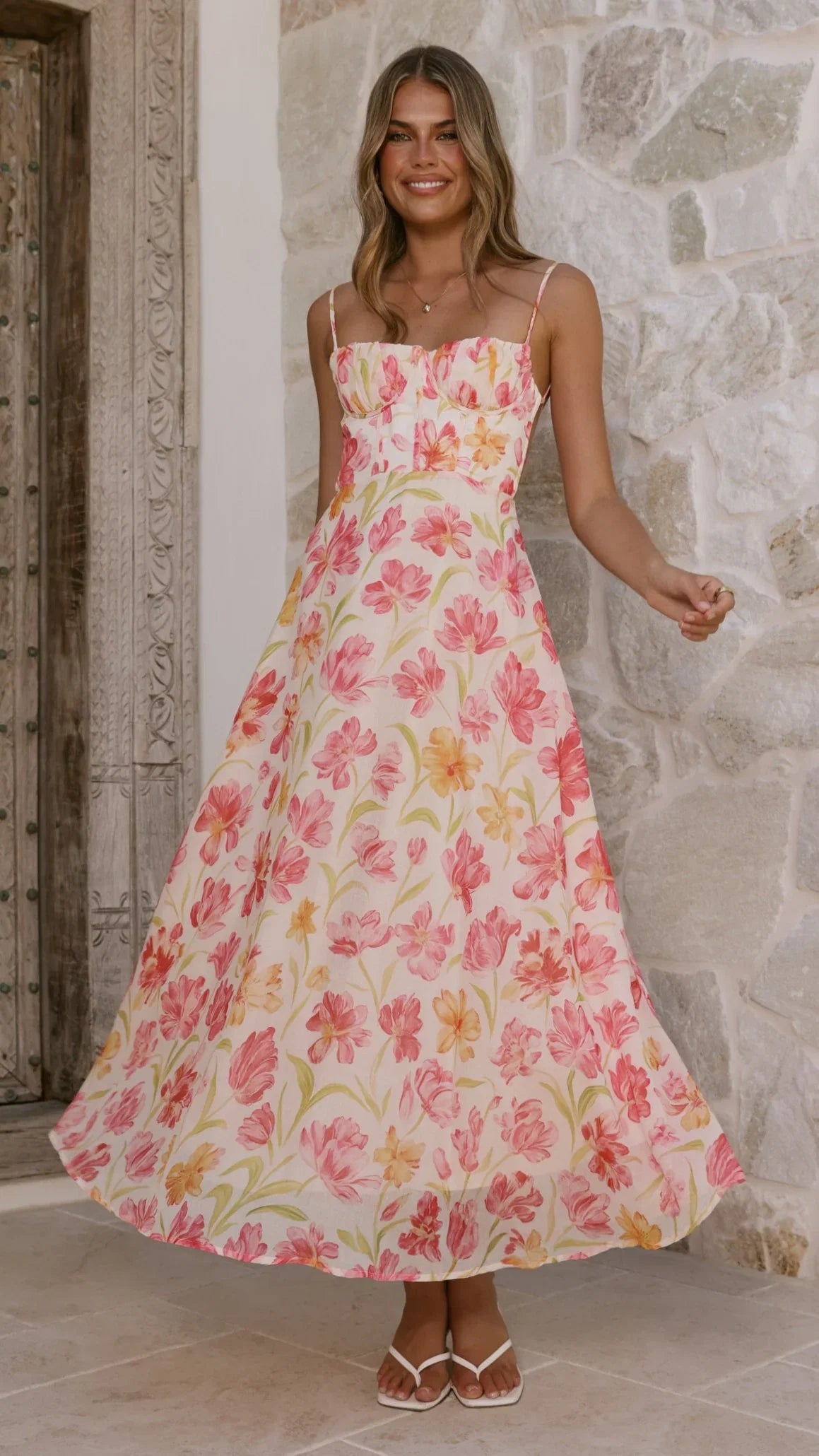 Rahima Maxi Dress Pink Yellow Flower