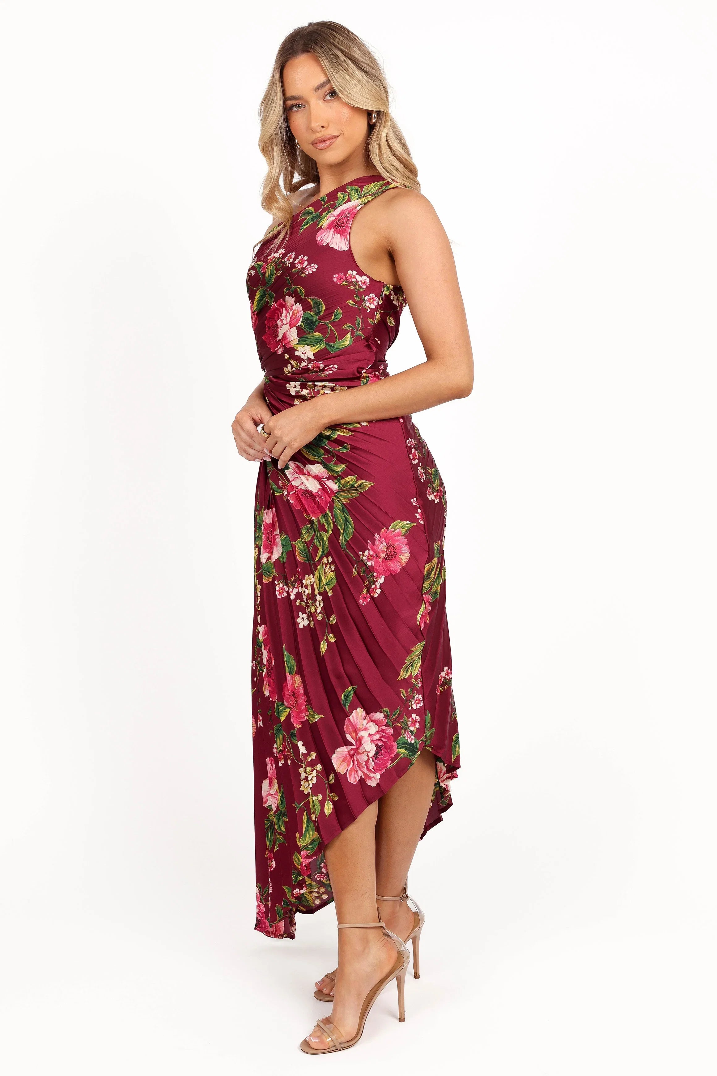 Kleo One Shoulder Maxi Dress Burgundy Floral