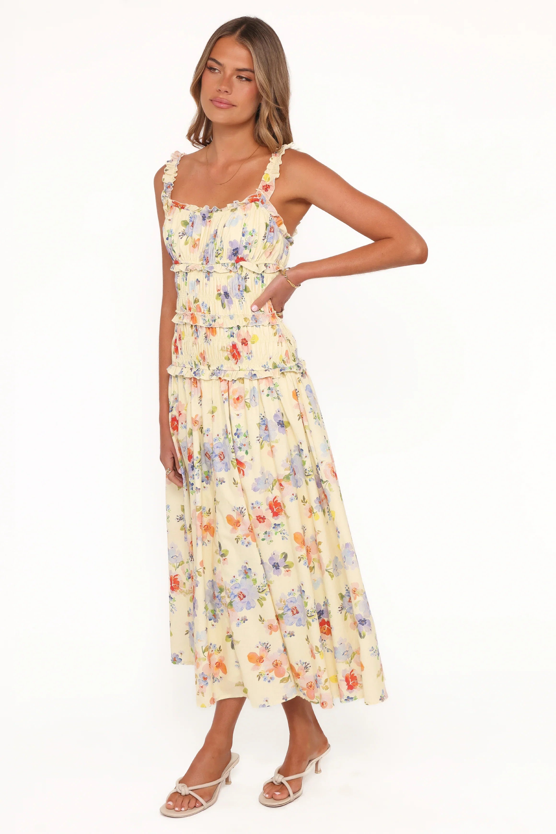 Enola Gather Midi Dress Yellow Floral