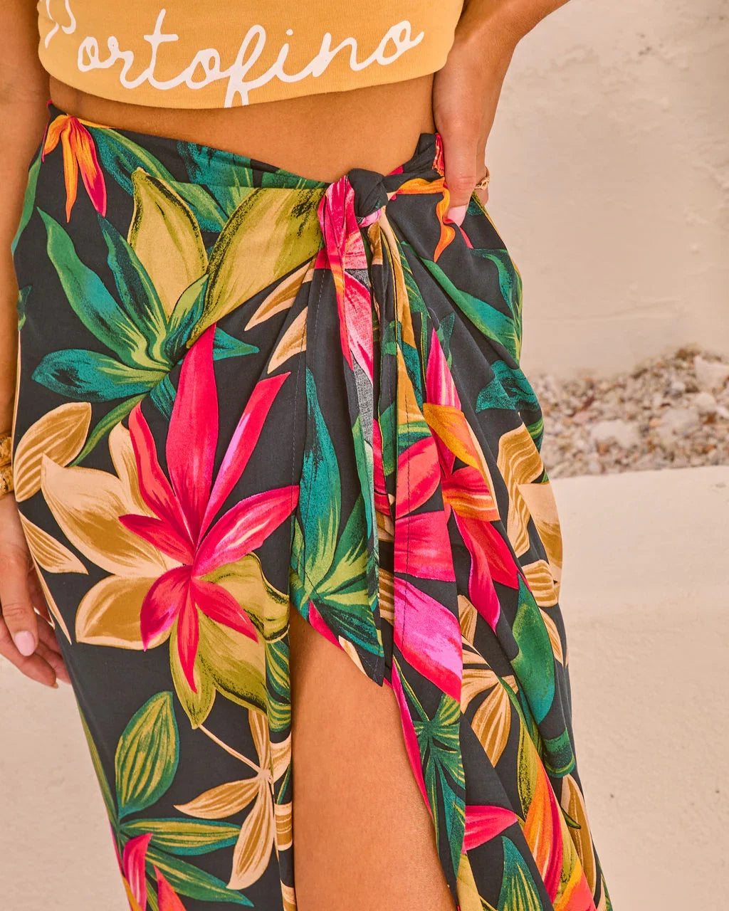 Kaanapali Linen Blend Tropical Print Wrap Midi Skirt
