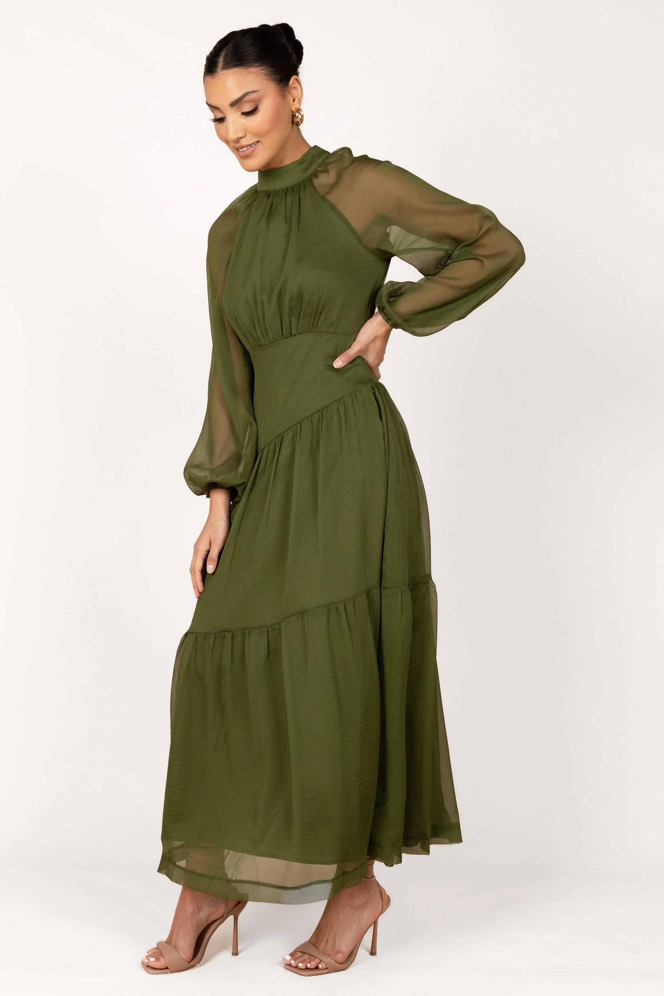 Julip Sheer Long Sleeve Maxi Dress Olive