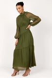 Julip Sheer Long Sleeve Maxi Dress Olive