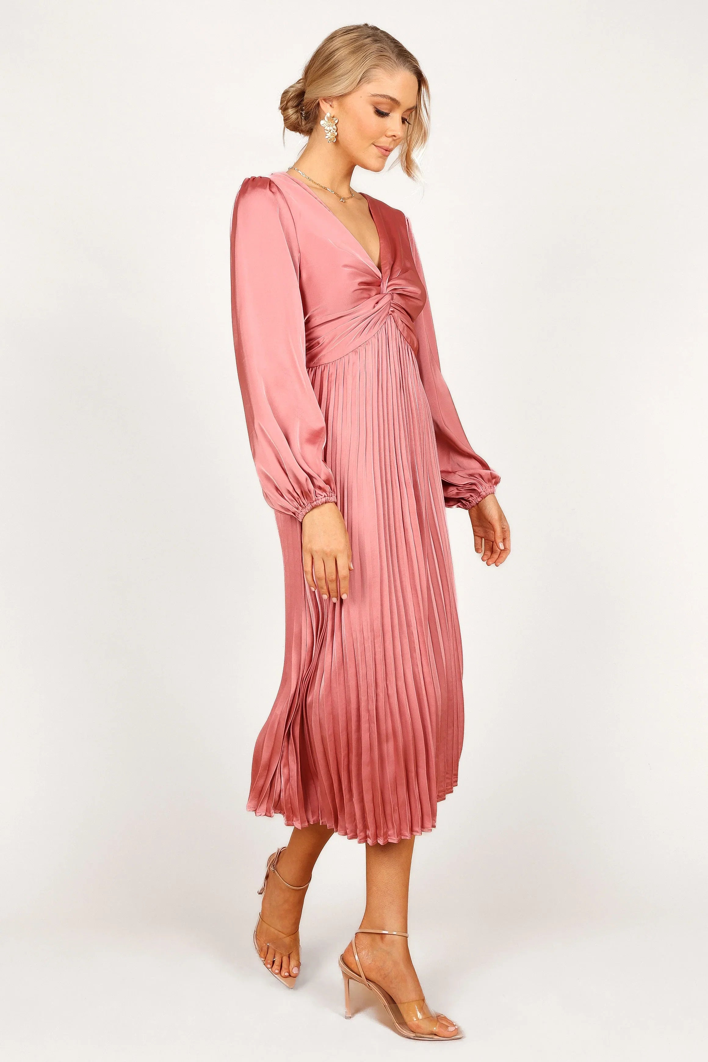 Noelle Twist Front Pleated Midi Dress Blush
