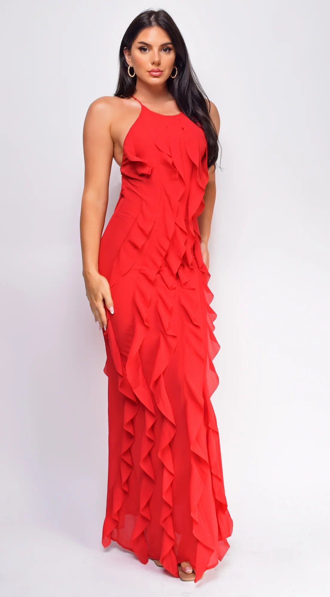 Erma Halter Ruffle Maxi Dress Red