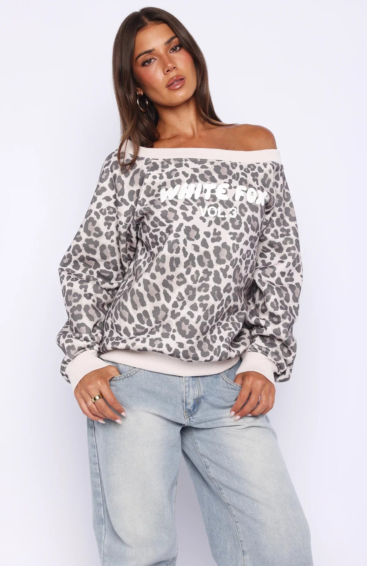 Offstage Printed Off Shoulder Sweater Leopard