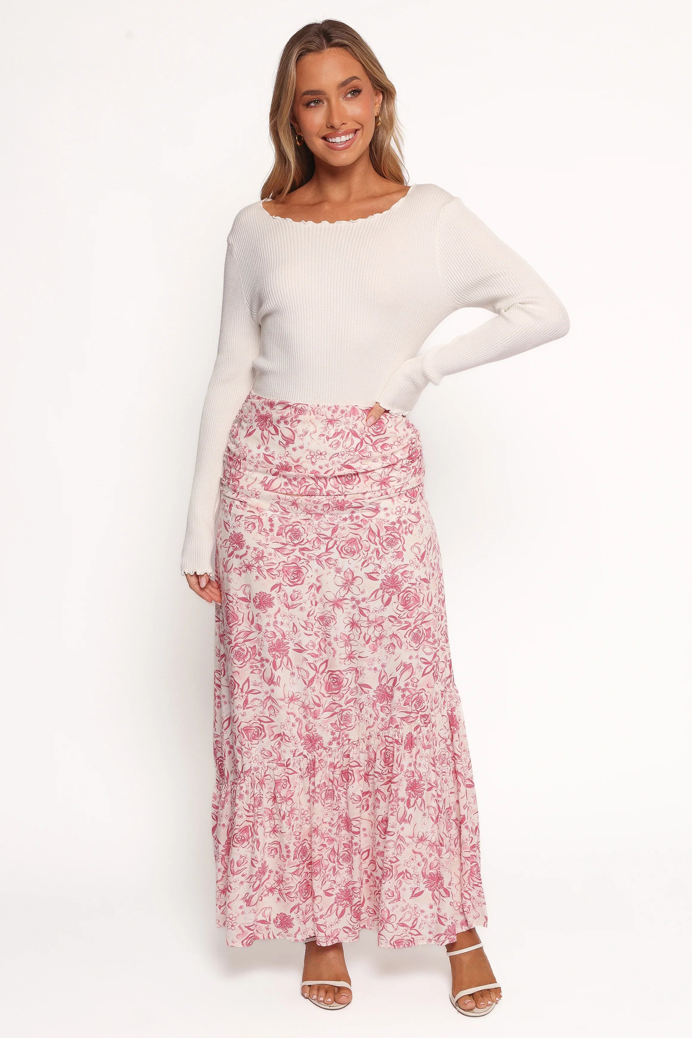 Velda Ruched Maxi Skirt Pink Floral