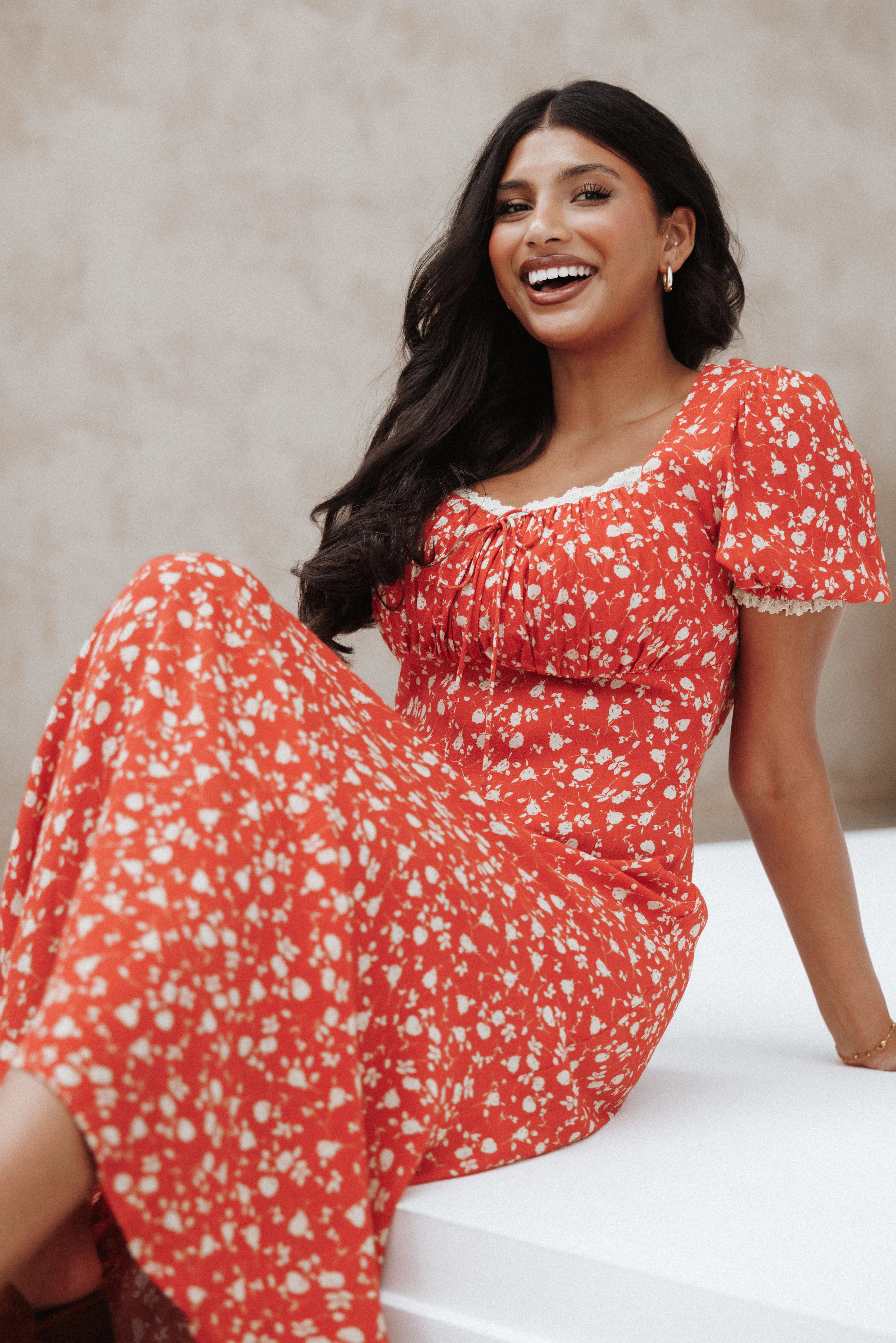 Francine Lace Midi Dress Red Floral