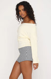 Falling For Him Cinched Waist Off Shoulder Long Sleeve Top Butter