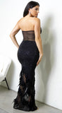Orlisse Rhinestone Feather Maxi Dress Black