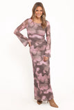 Pandora Long Sleeve Maxi Dress Pink Brown Print