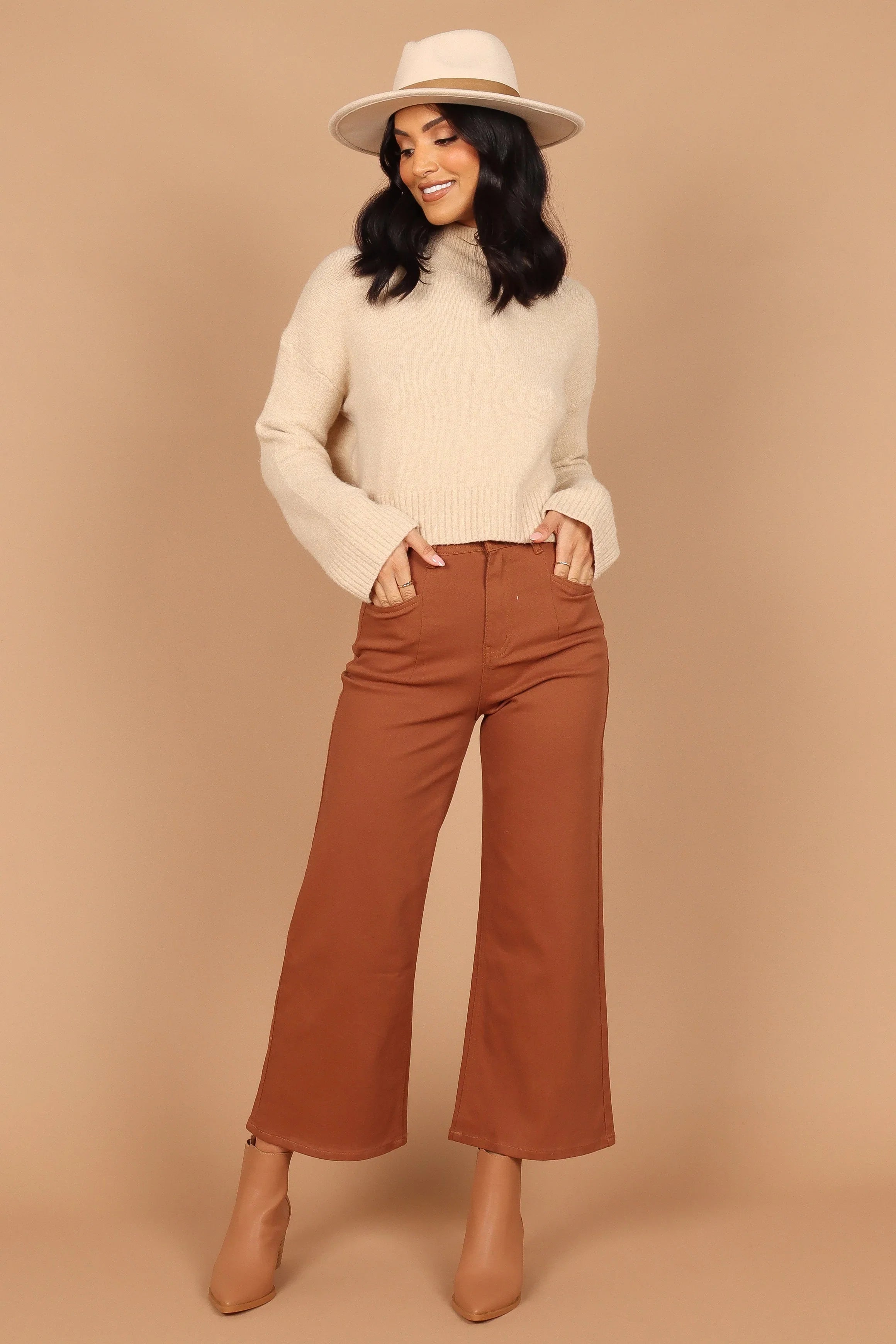 Georgette High Waisted Straight Leg Pants Brown