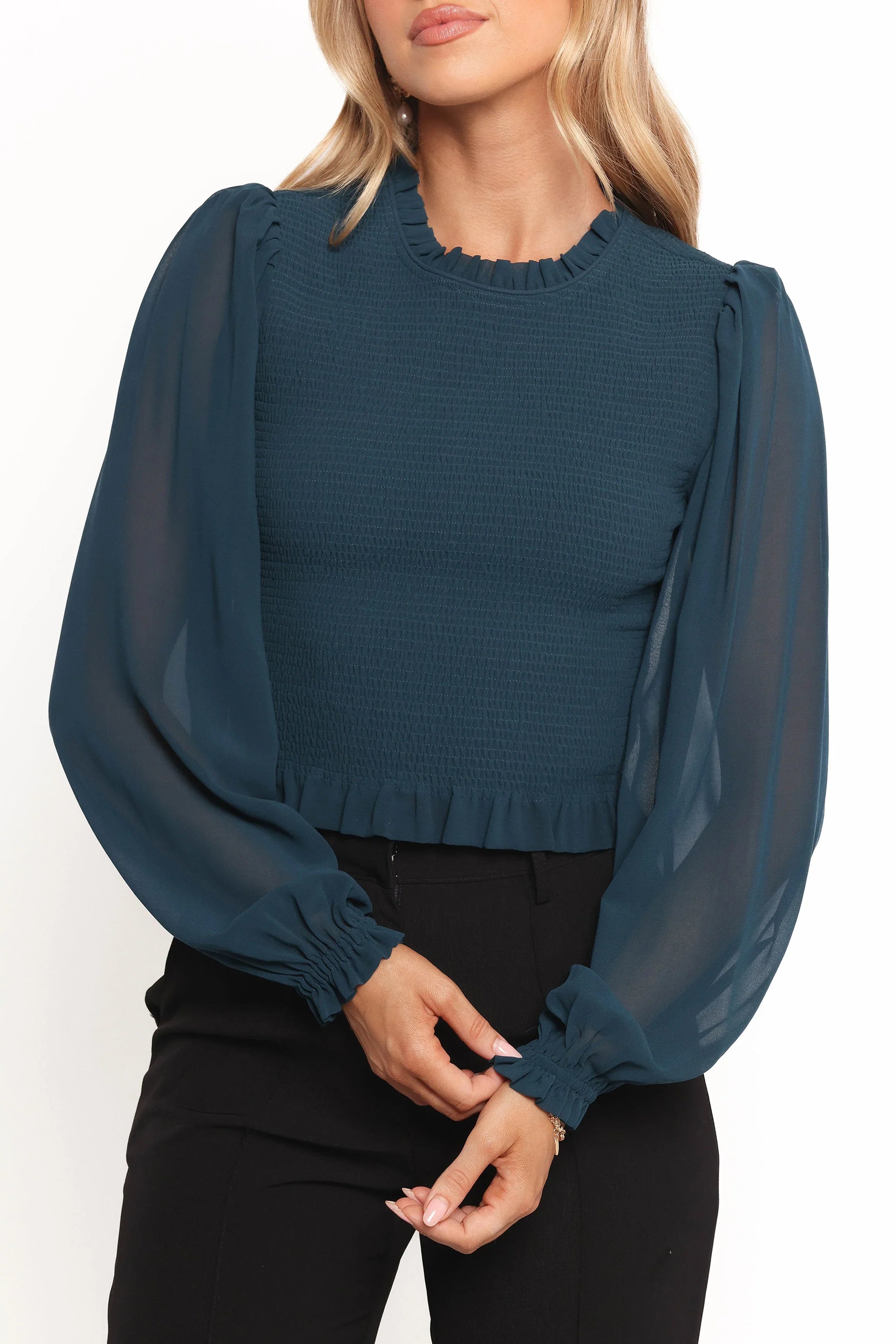 Aranha Sheer Sleeve Top Dark Blue