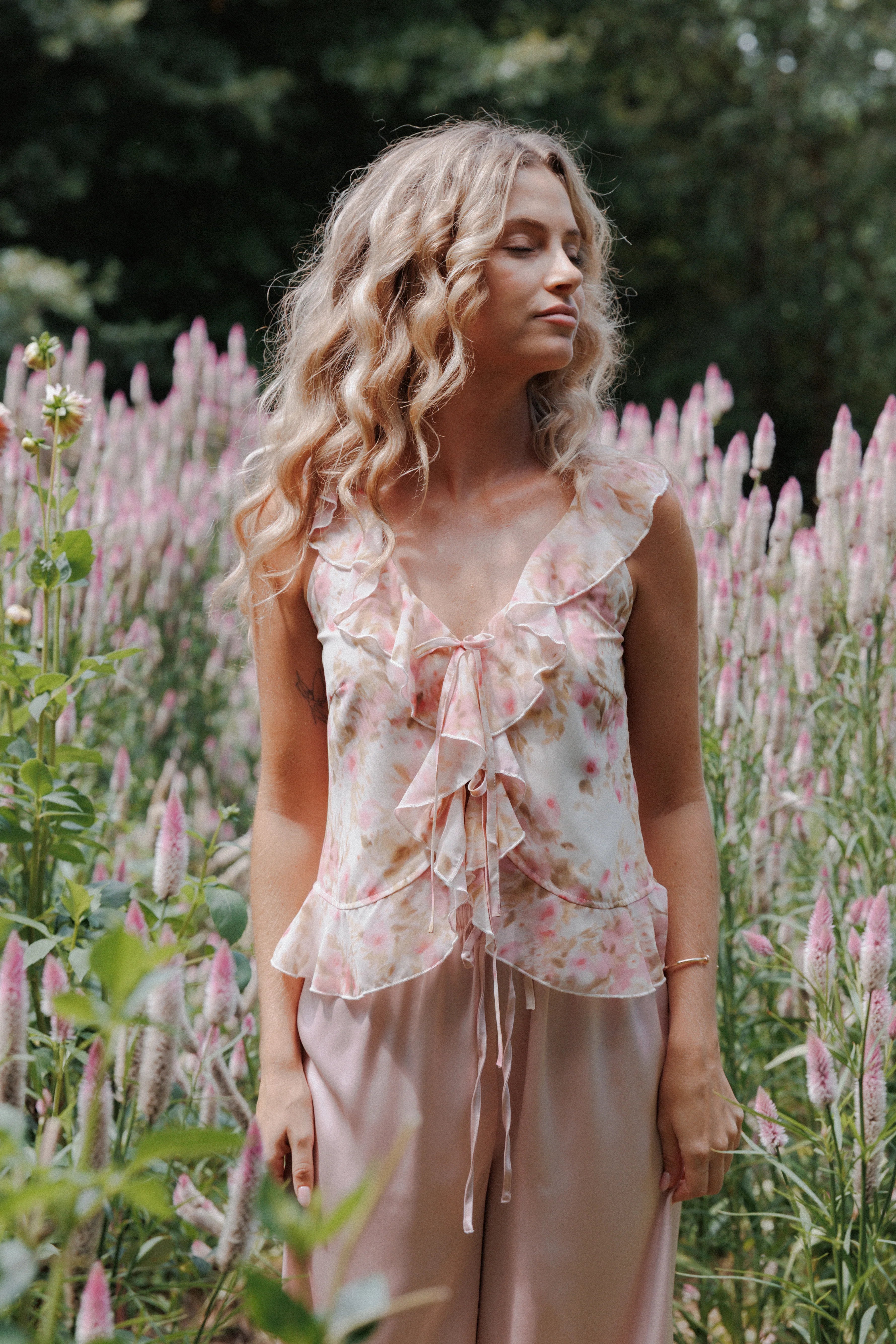 Ismena Tie Front Top Blurred Pink Floral