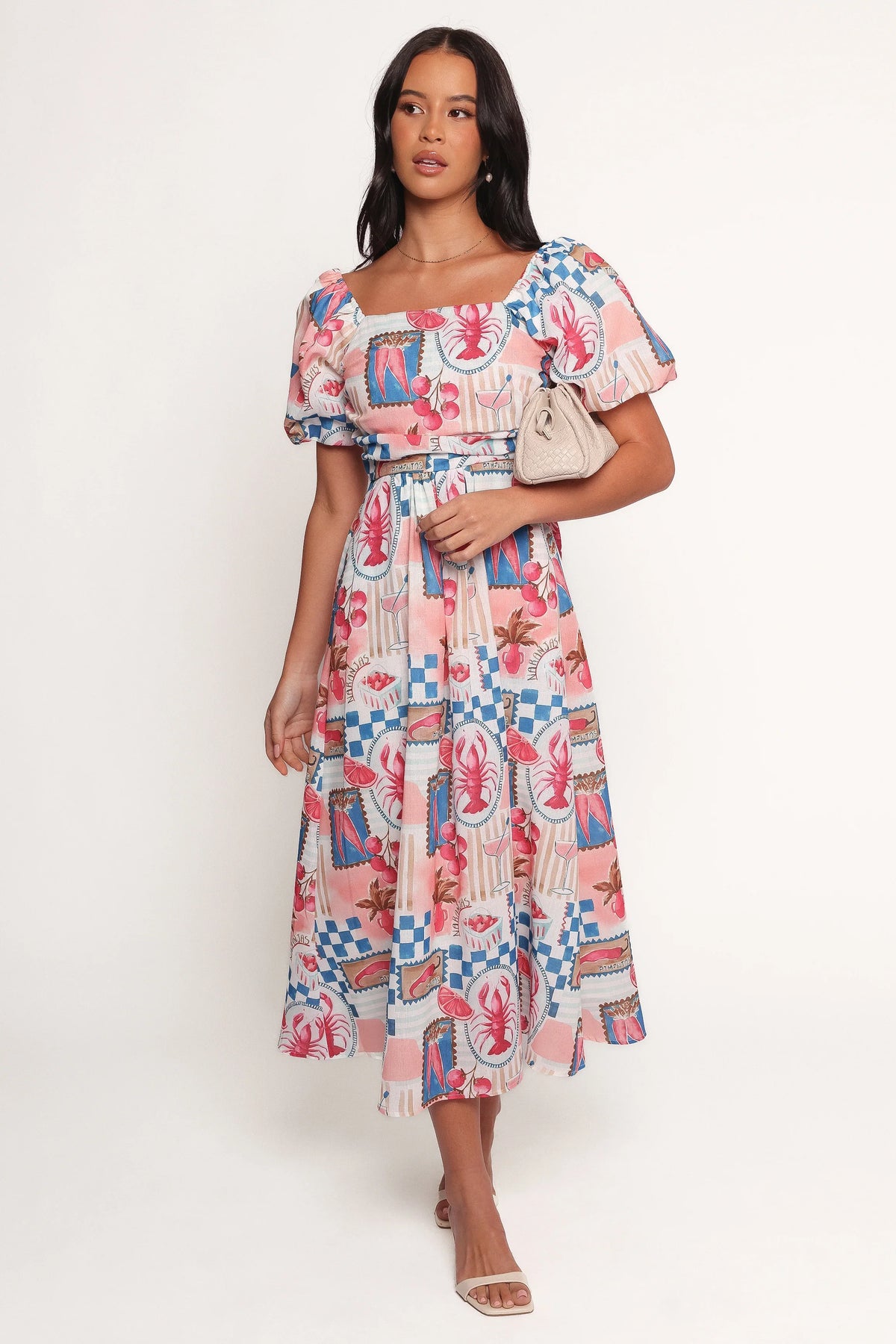 Clo Puff Sleeve Midi Dress Pink Blue