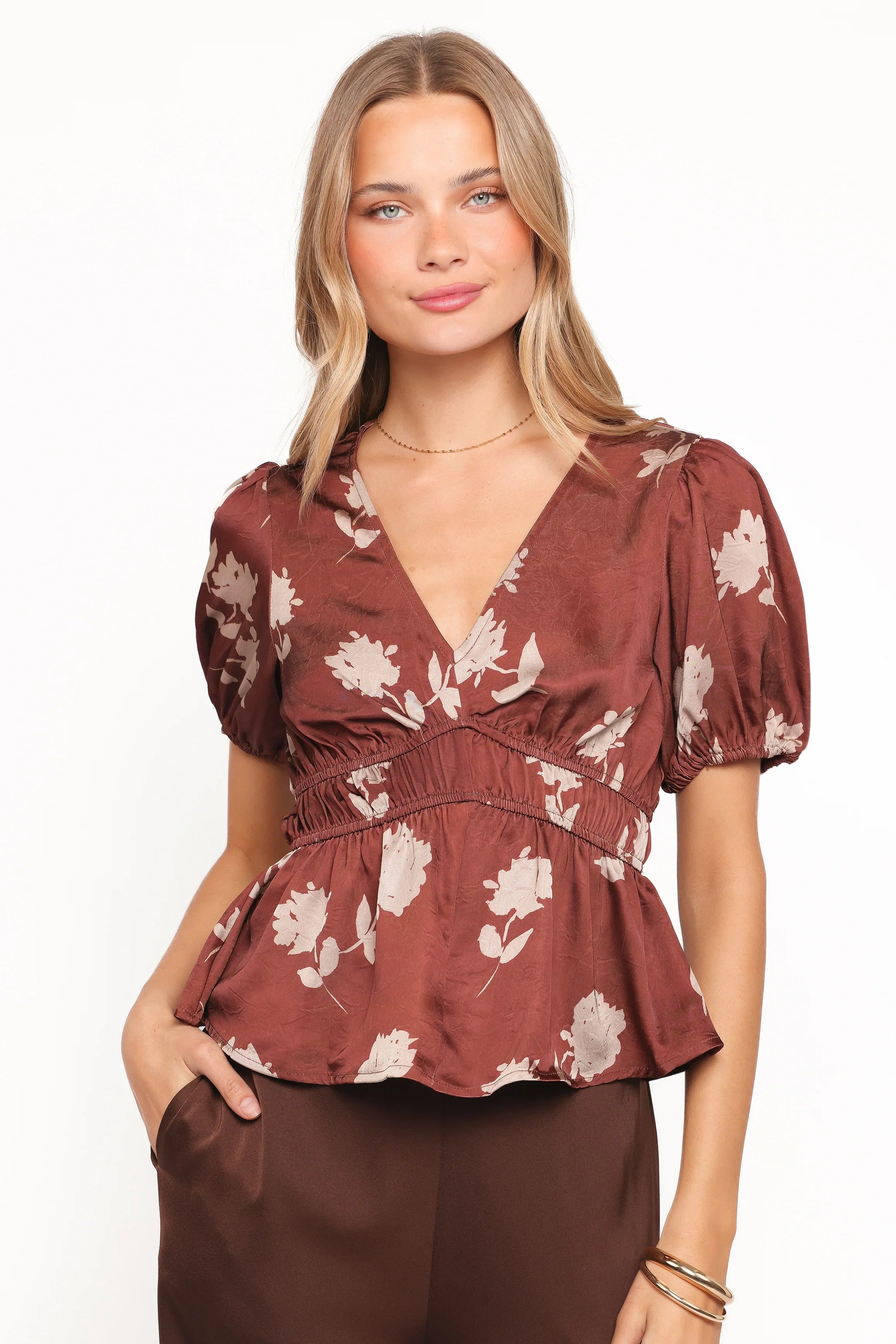 Griffin Peplum Blouse Brown Floral