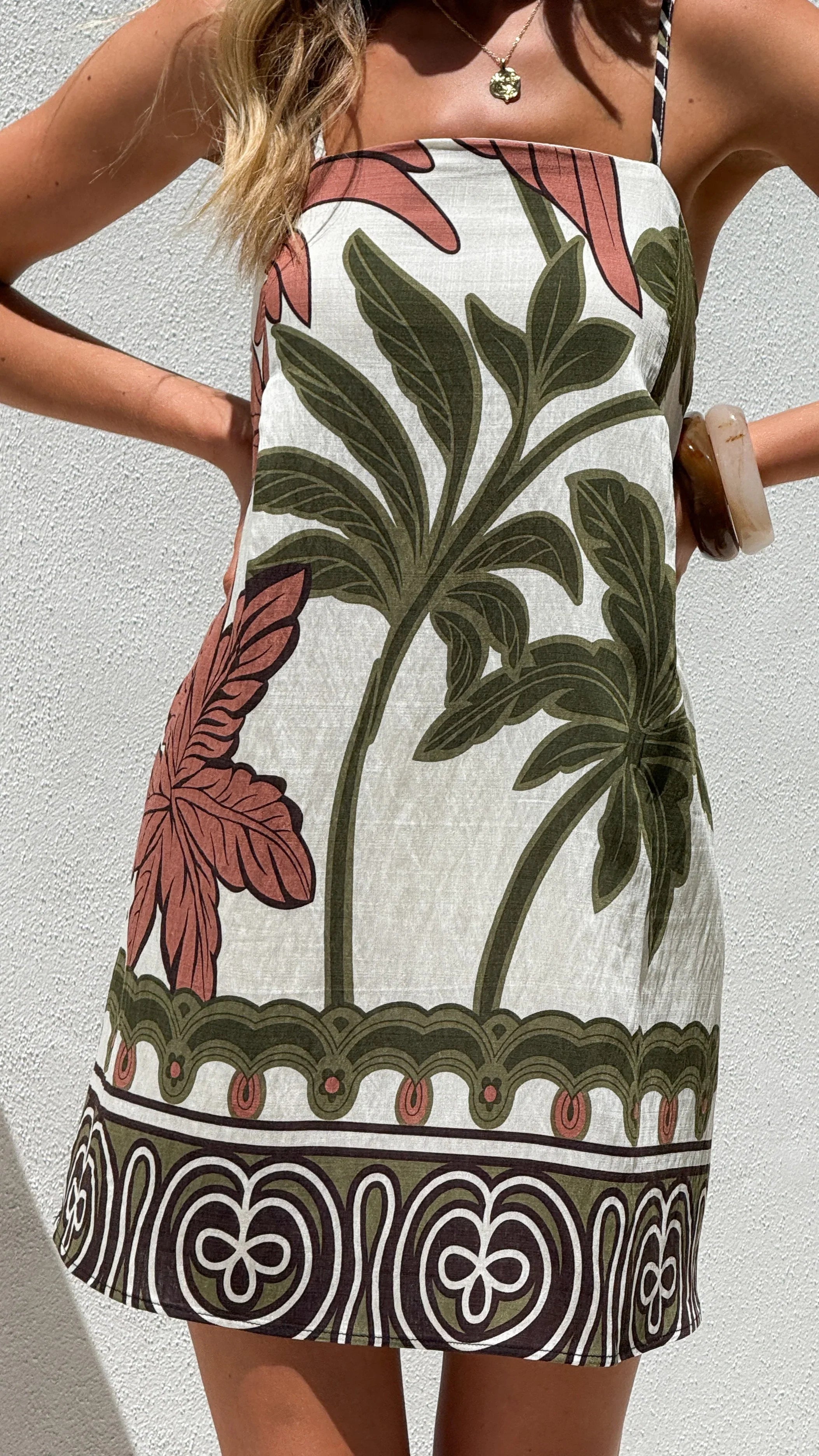 Bethani Mini Dress Green Beige Palm