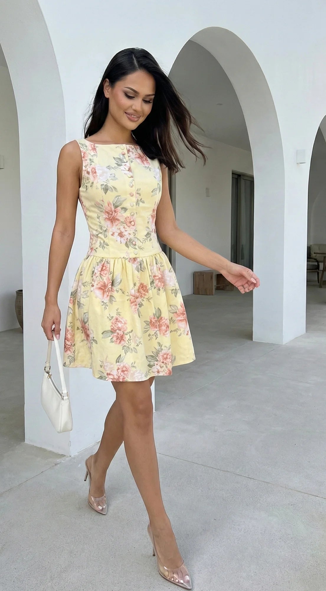 Positano Floral Print Mini Dress Yellow