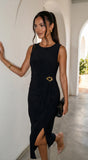 Aureva Pleated Gold Accent Midi Dress Black