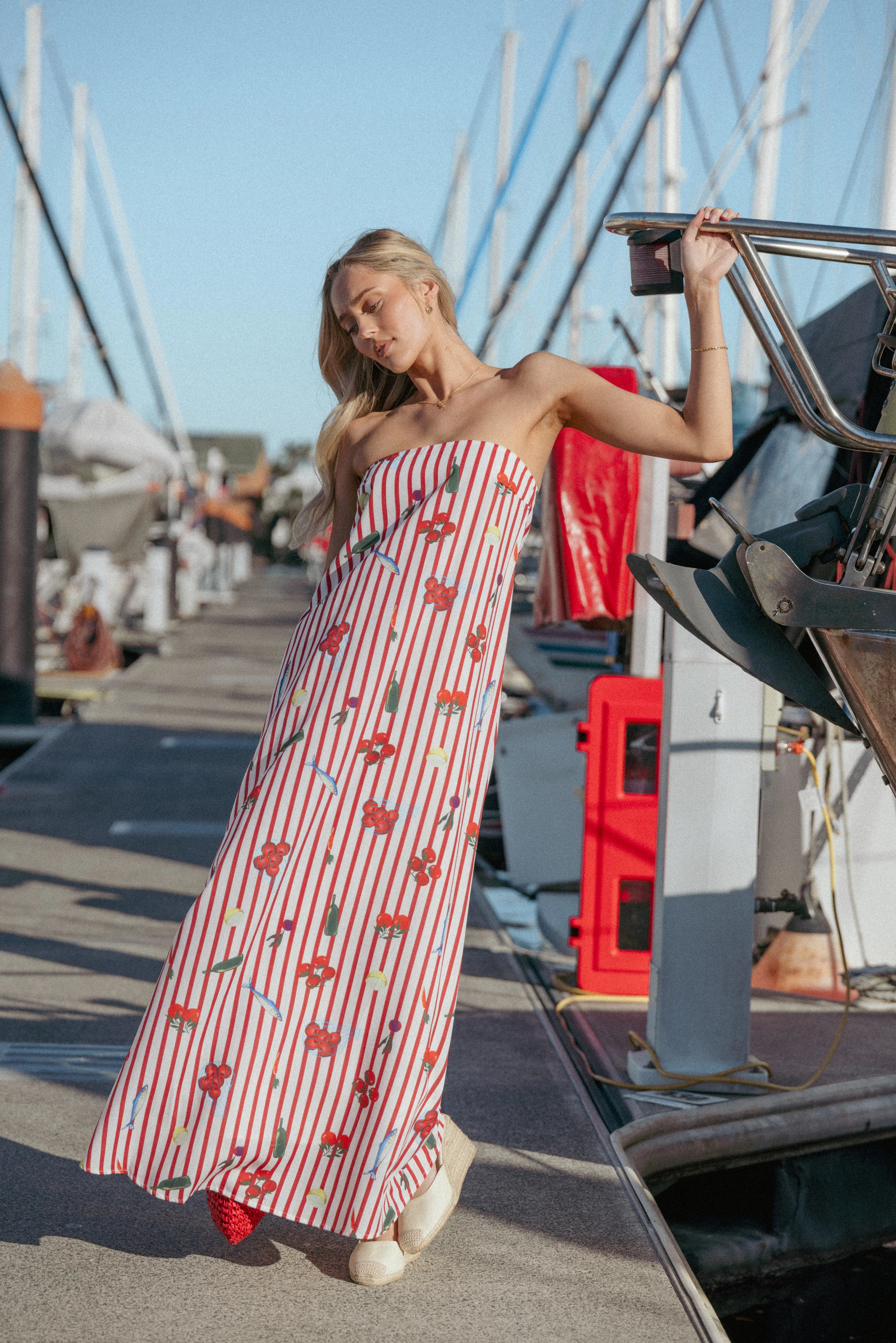 Soph Strapless Maxi Dress Red Picnic Stripe
