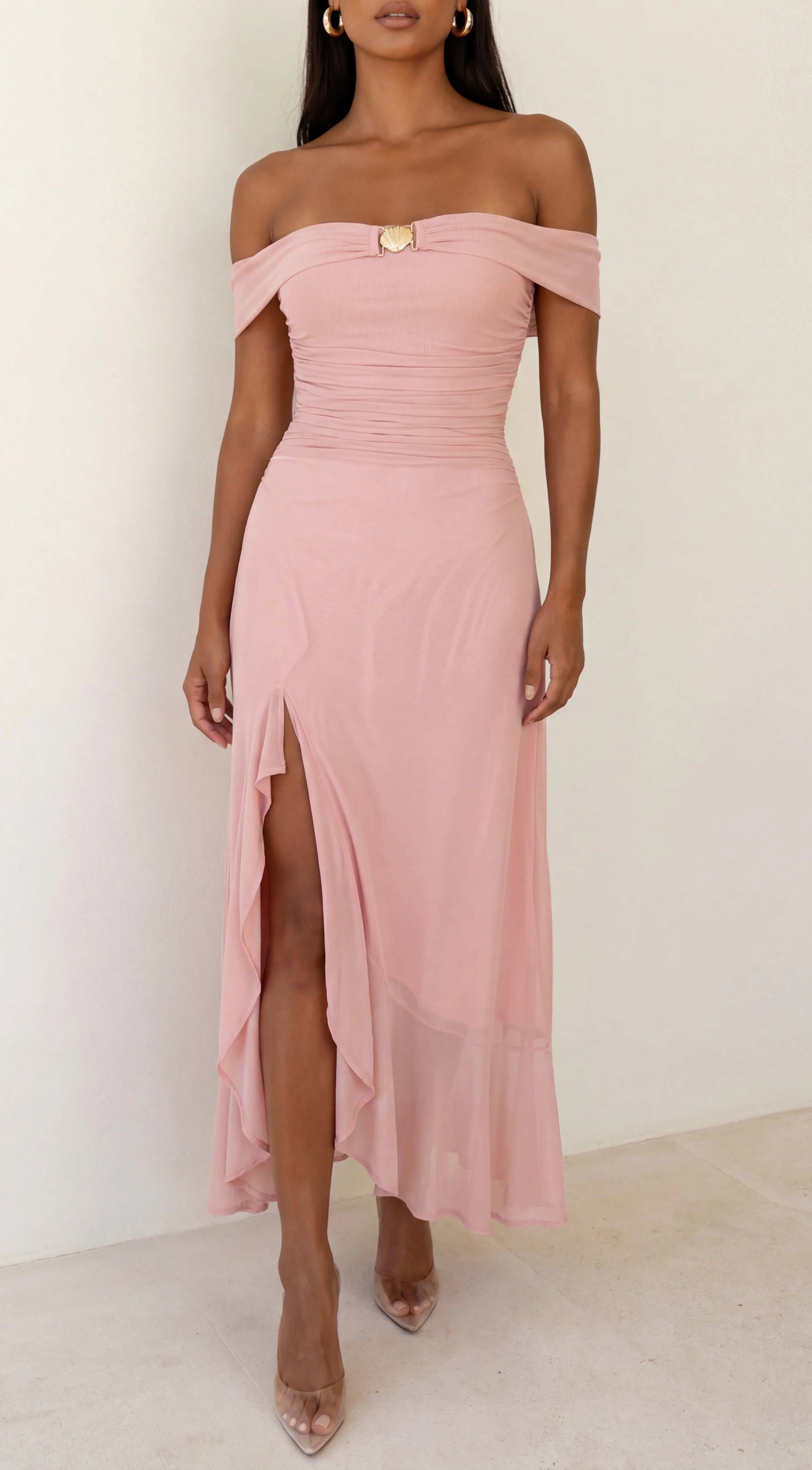 Calie Off Shoulder Mesh Maxi Dress Pink