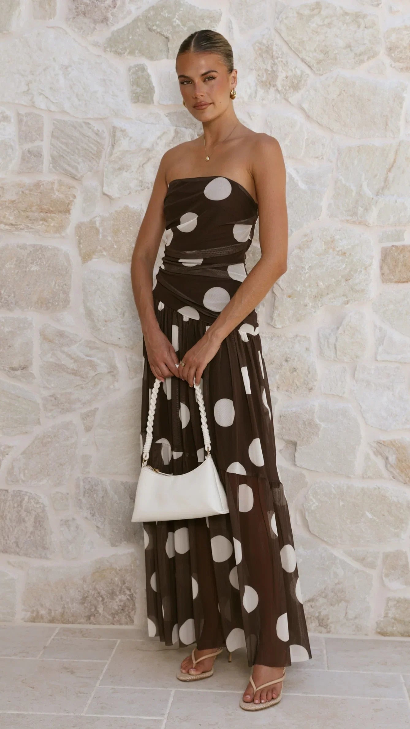 Riko Strapless Maxi Dress Chocolate Macro Polka