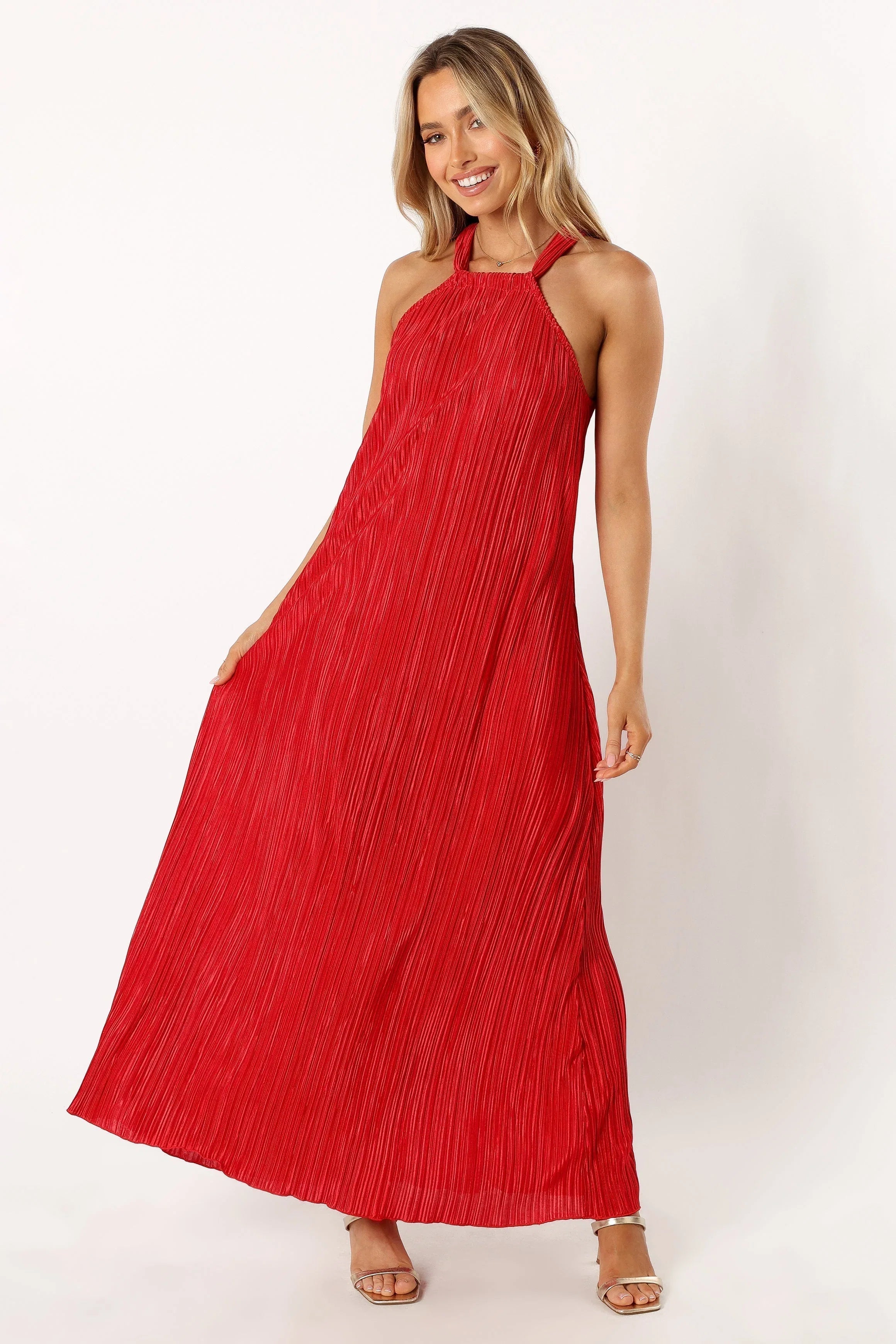 Melody Plisse Halter Maxi Dress Red