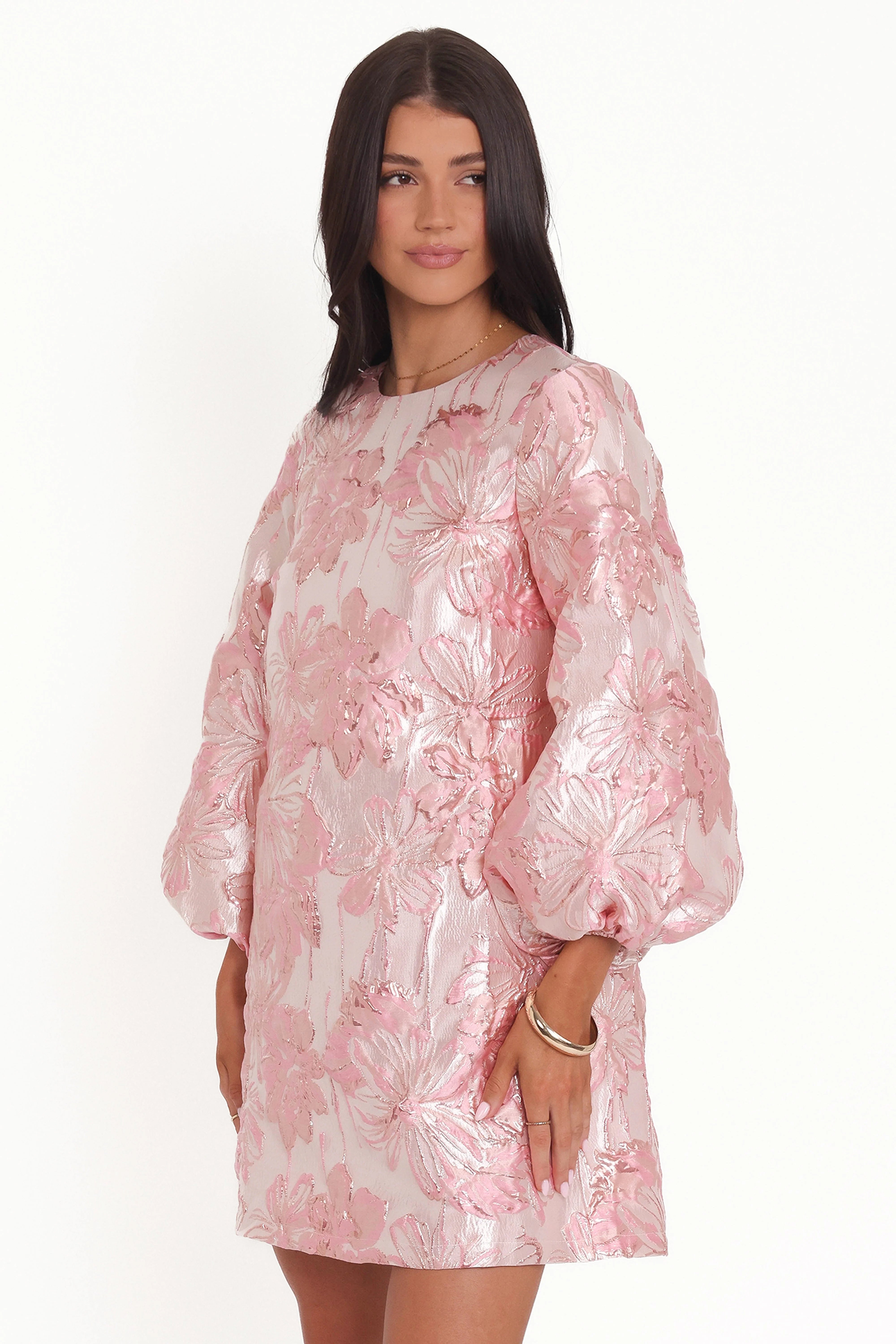 Treloar Long Sleeve Mini Dress Pink Brocade