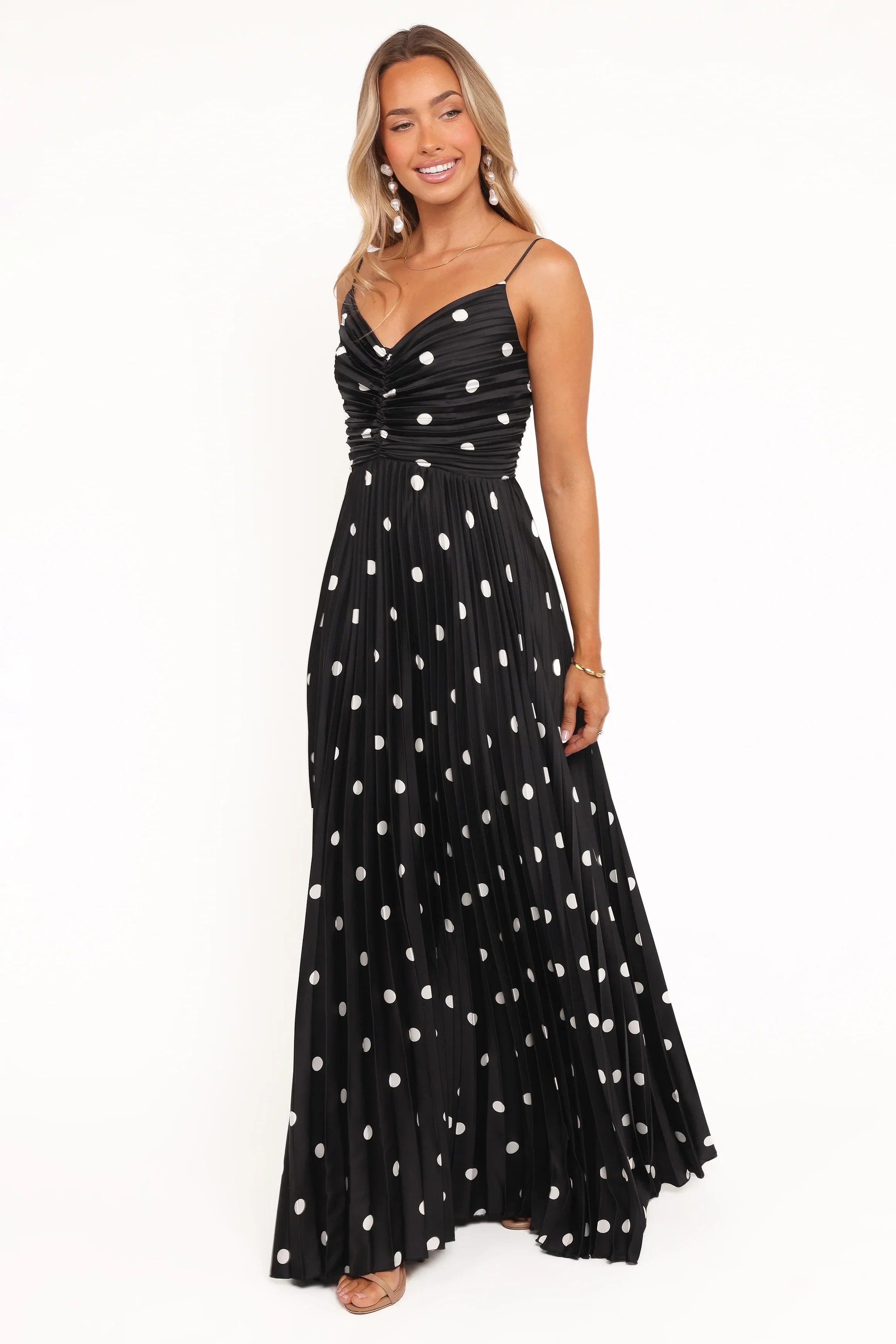 Naira Pleated Maxi Dress Black Polka Dot