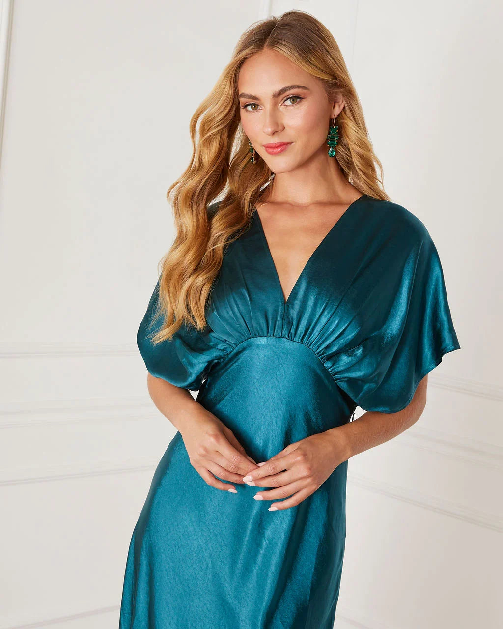 Theia Satin V Neck Maxi Dress