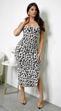 Serena Leopard Print Sweater Knit Midi Dress Beige