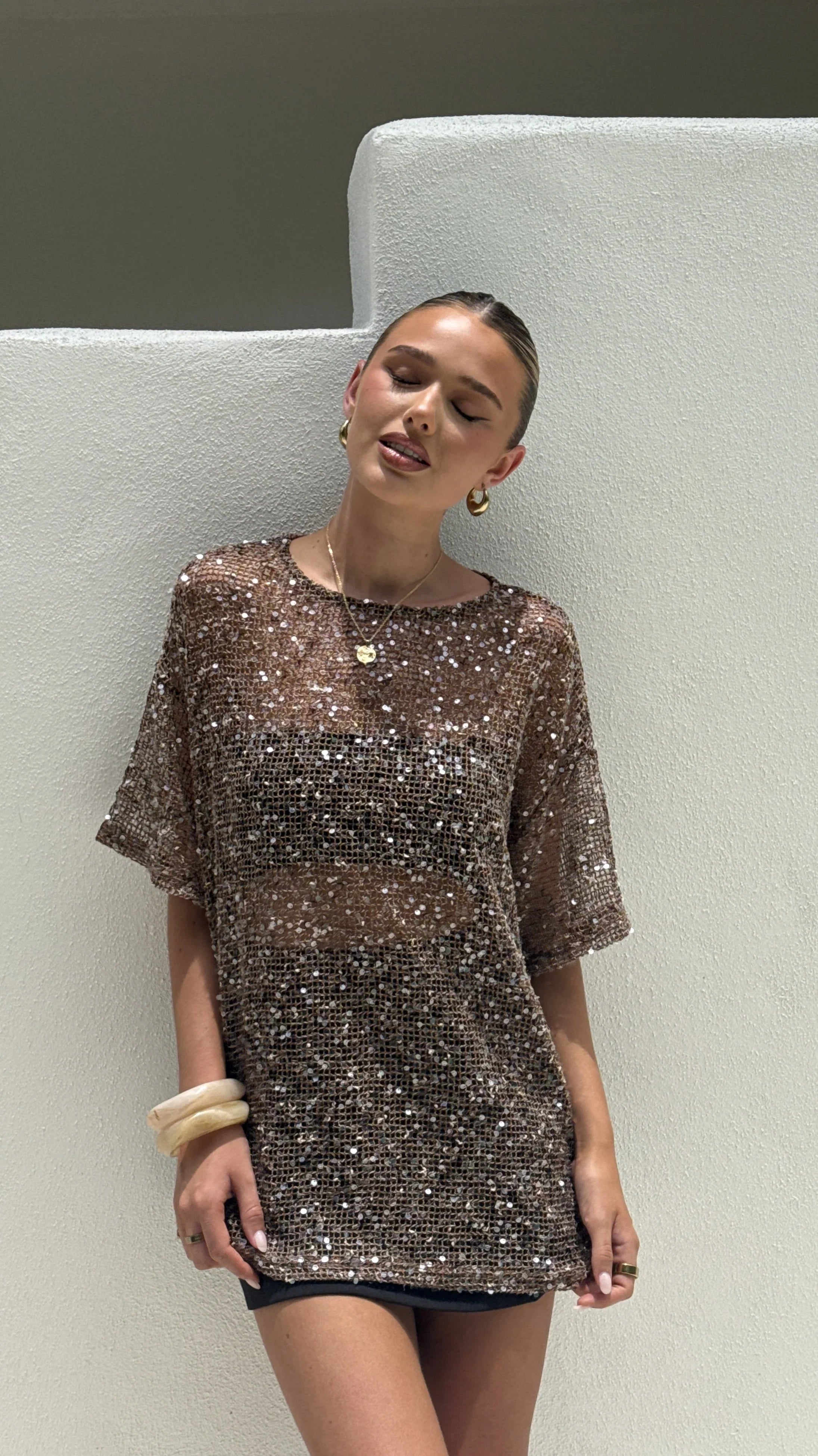 Zinnia Oversized Sequins Tee Mocha