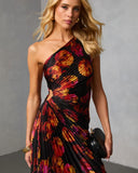 Modern Day Glam Printed One Shoulder Asymmetrical Maxi Dress