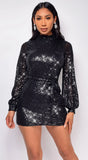 Heavenly Black Sequin Long Sleeve Mock Neck Belted Mini Dress