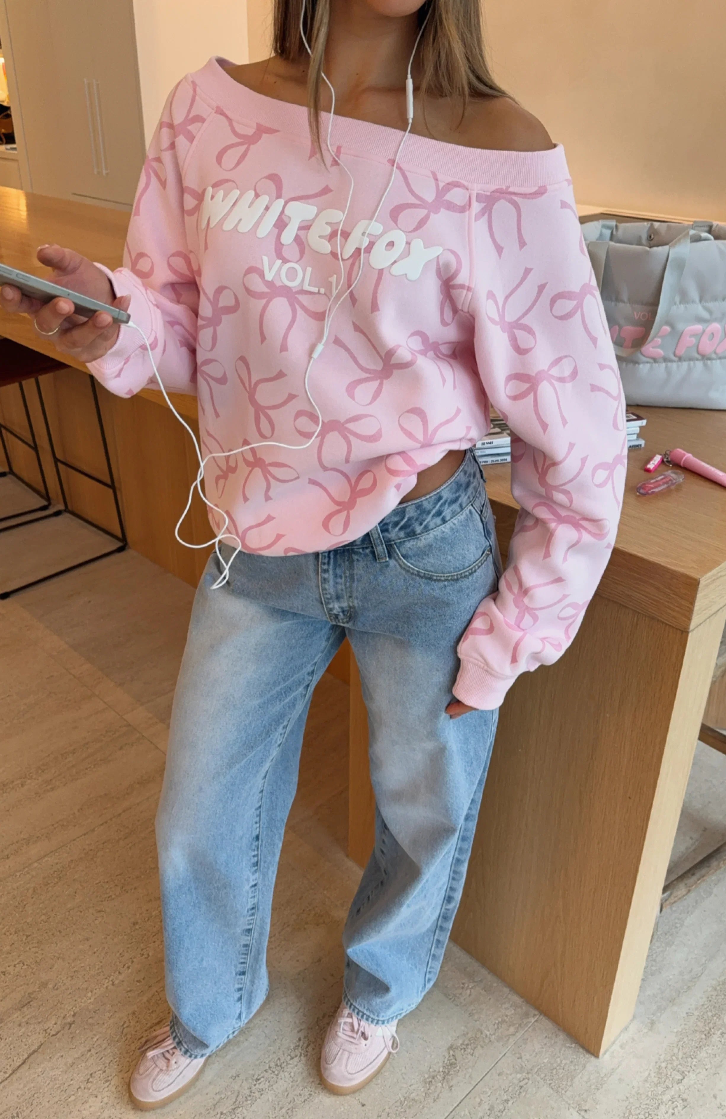 Vol 1 Off Shoulder Printed Sweater Posy Bow