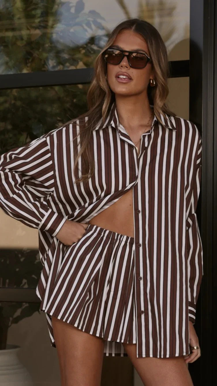 Arli Button Up Shirt Brown White Stripe