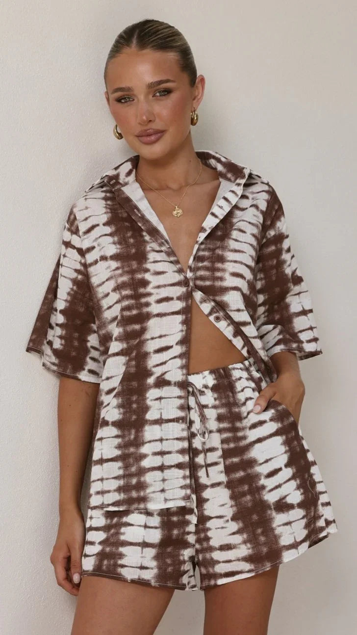 Ravenna Button Up Shirt and Shorts Set Chocolate Tie Dye