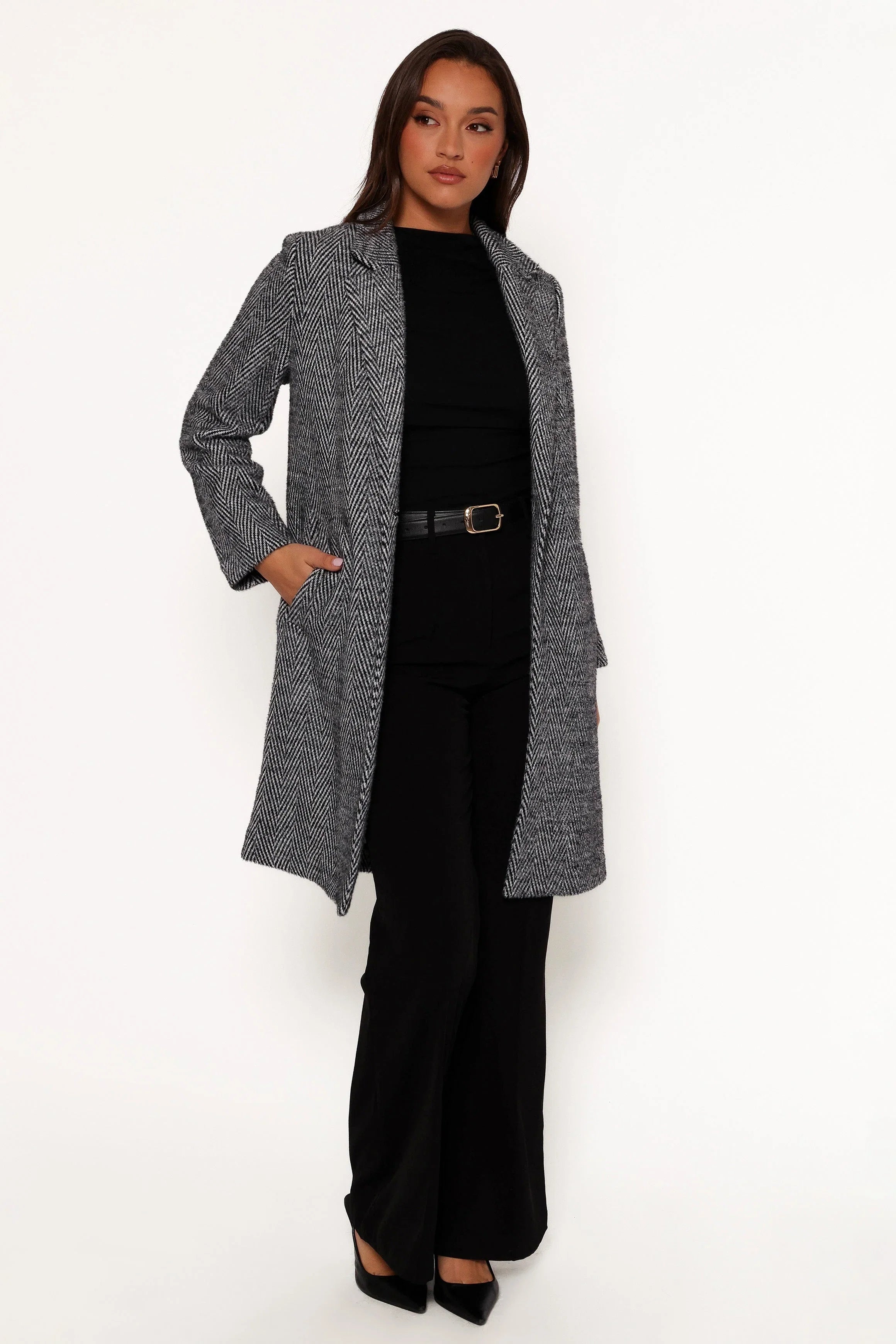 Nicoletta Single Button Herringbone Coat Black