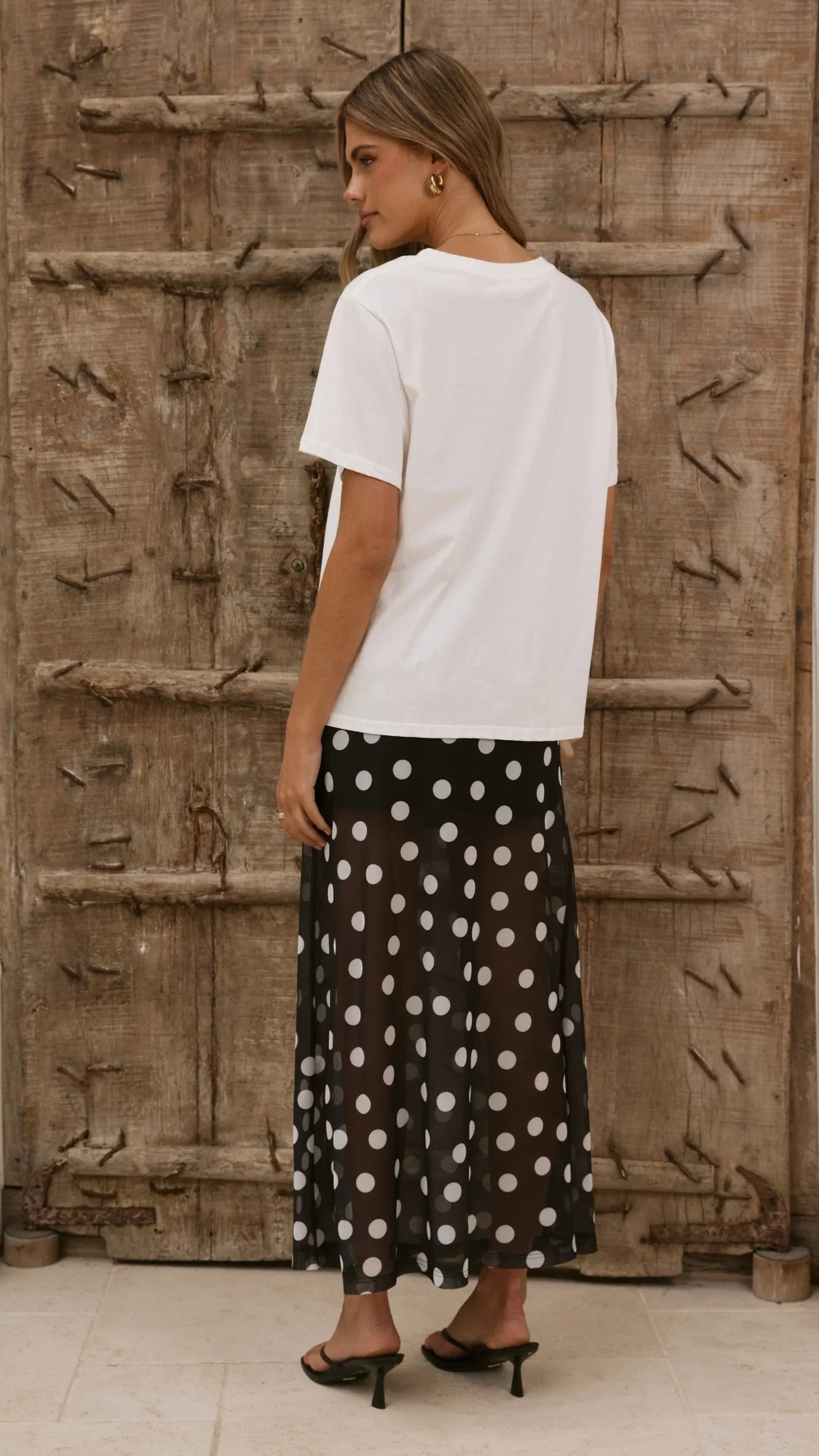 Onella Semi Sheer Maxi Skirt Black White Polka Dot