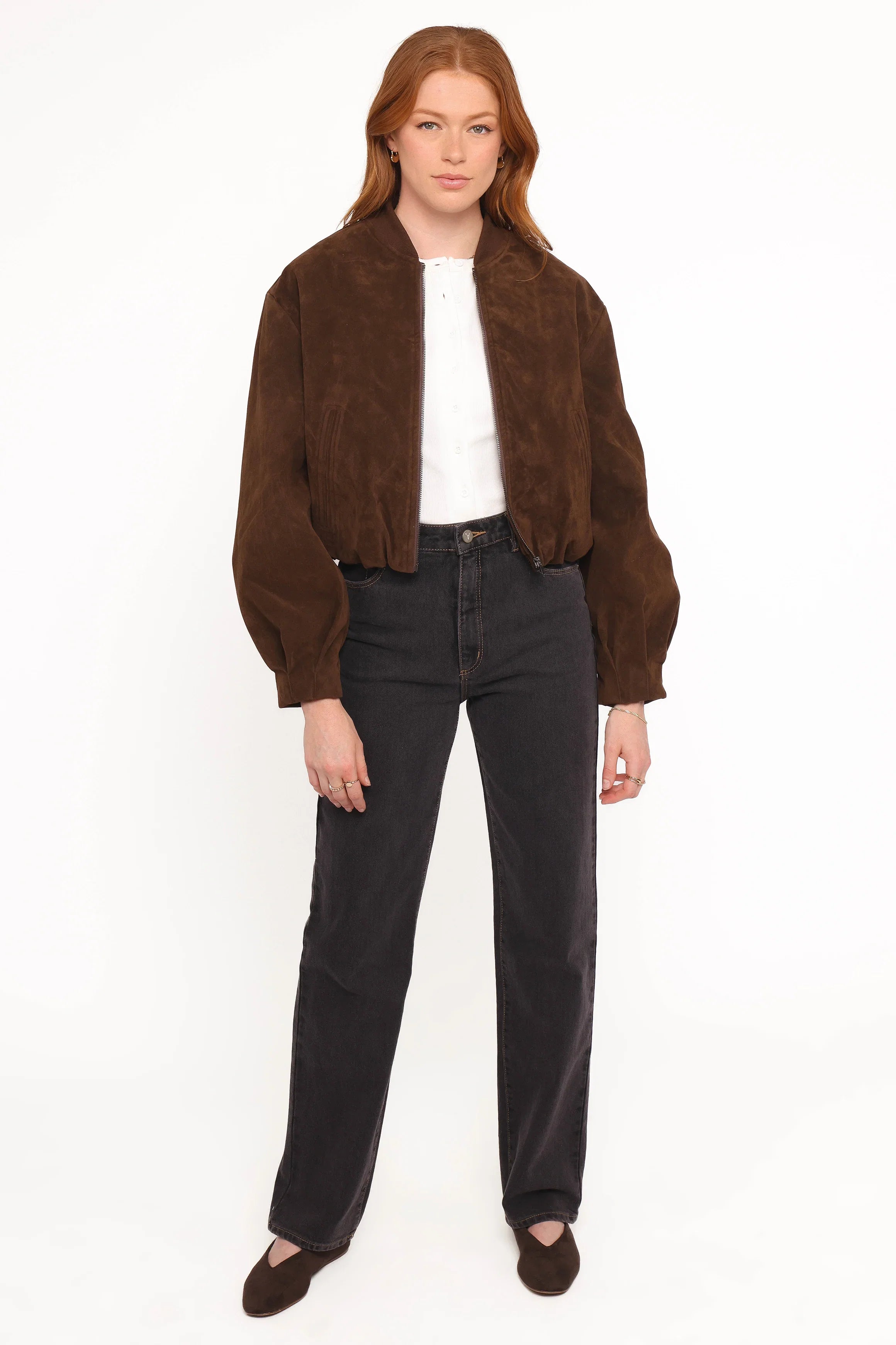 Goldie Faux Suede Bomber Jacket Brown