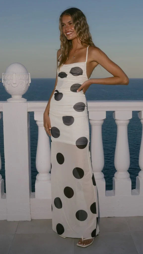 Davita Maxi Dress Beige Black Polka