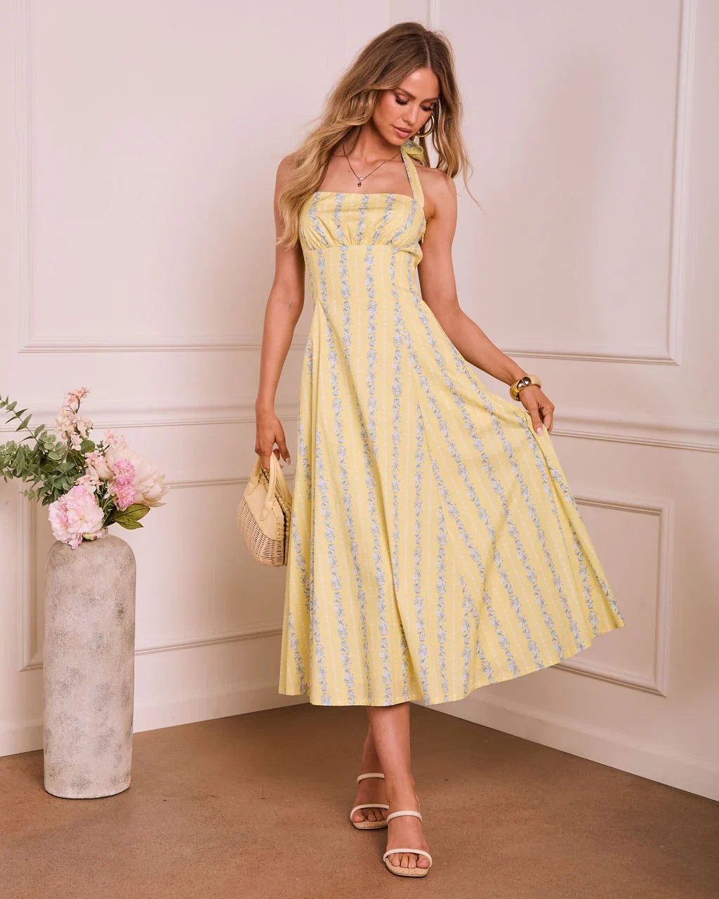 Modern Blossom Floral Halter Midi Dress