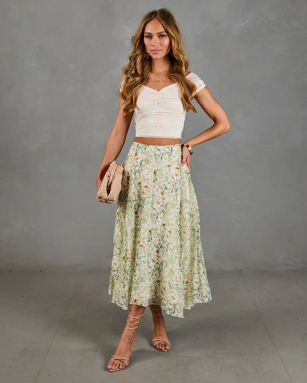 Adilene Pleated Floral Print Midi Skirt