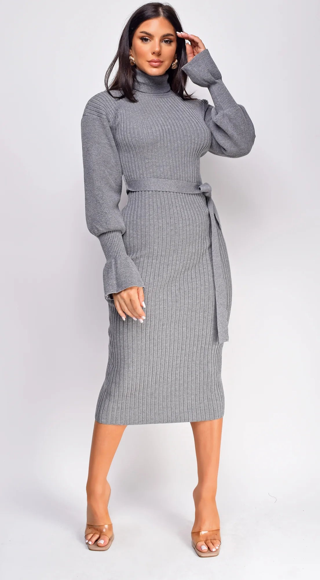 Sabriana High Neck Midi Dress Gray